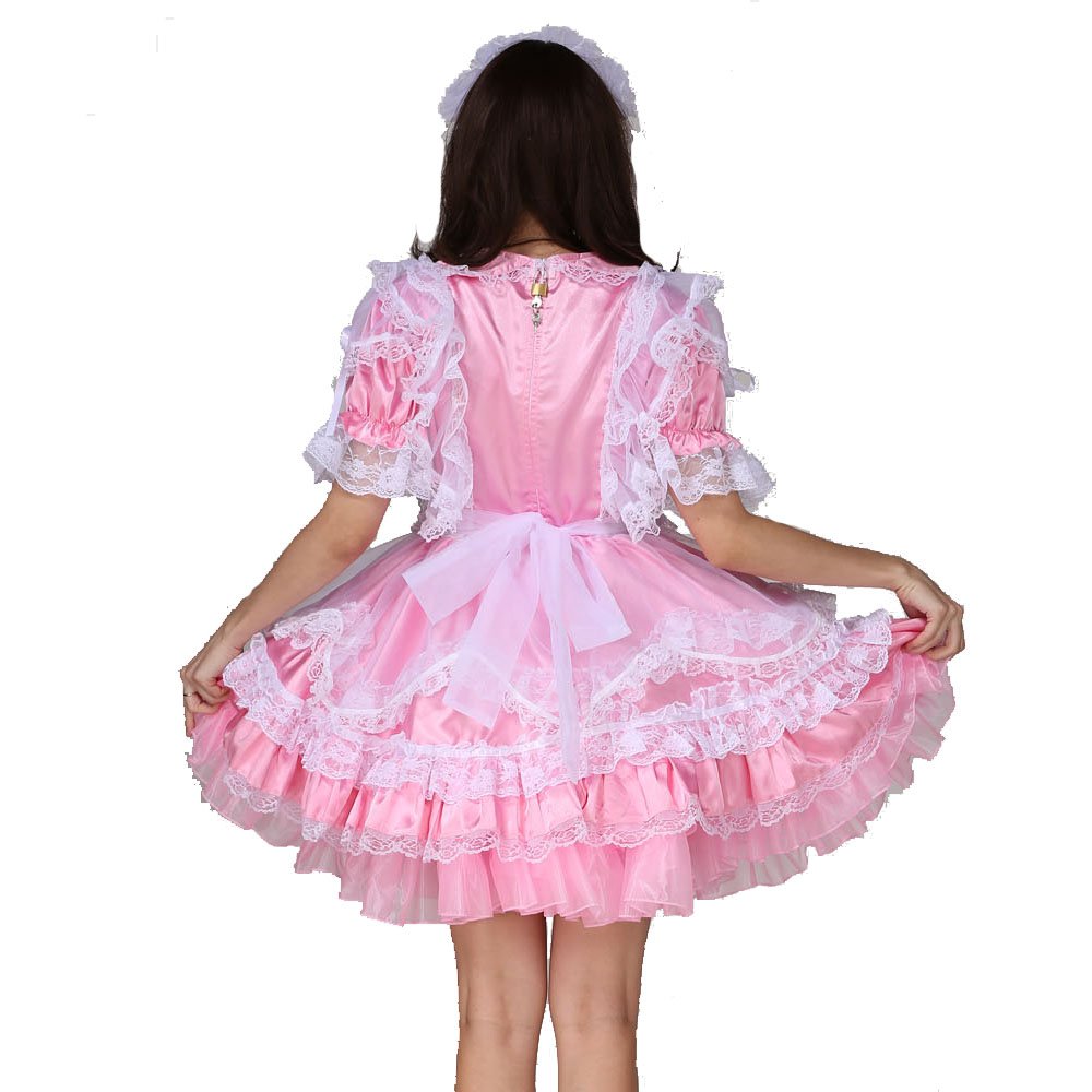Elegant White Organza and Pink Satin Maid Dress Uniform - Cross Back Design for Cosplay, Halloween, Role Play & Party Costumes