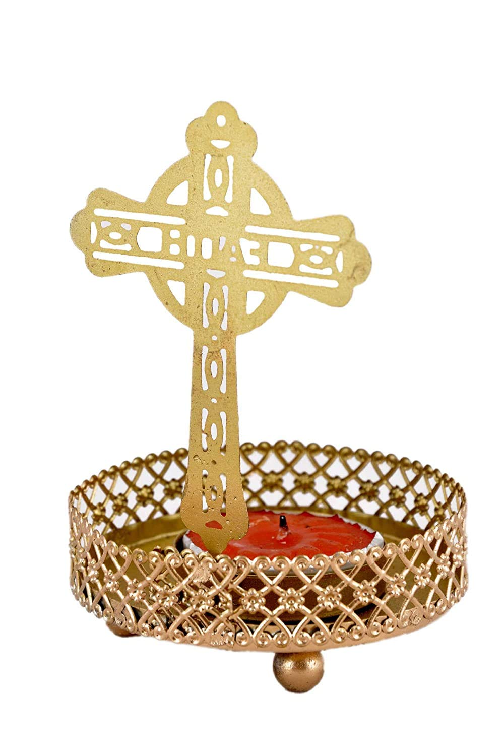Traditional Cross Tea Light Candle Holder Stand - Religious Home & Office Decor for Christmas, Diwali, Prayer - Set of 2 with Free Tealight Candles - Perfect for Meditation, Spiritual Gifts & Holiday Decorations