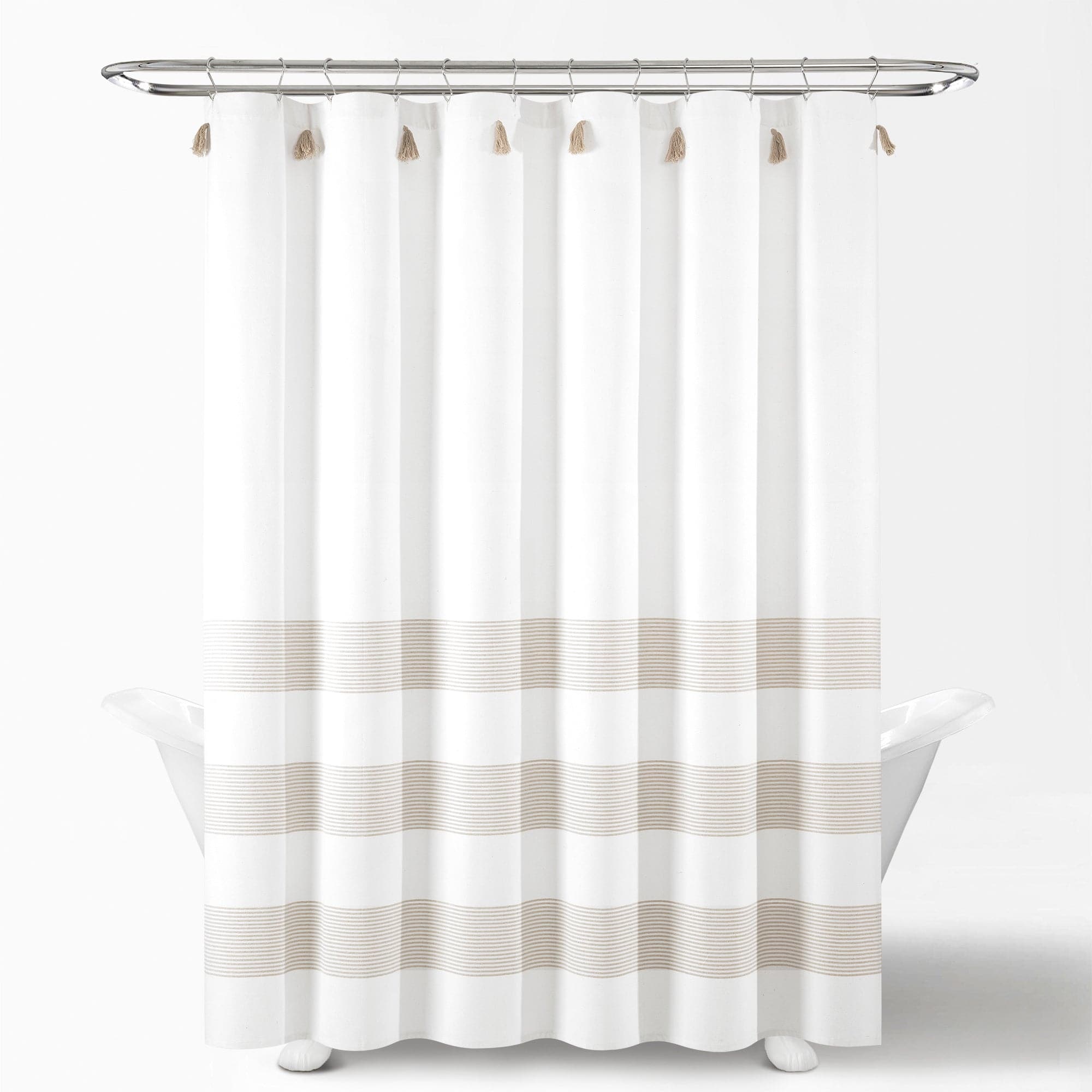 Boho Tassel Stripe Shower Curtain - Eco-Friendly Recycled Cotton Blend, Hand-Dyed Yarn, Waterproof Bathroom Decor for Boho Chic, Farmhouse or Coastal Style Homes