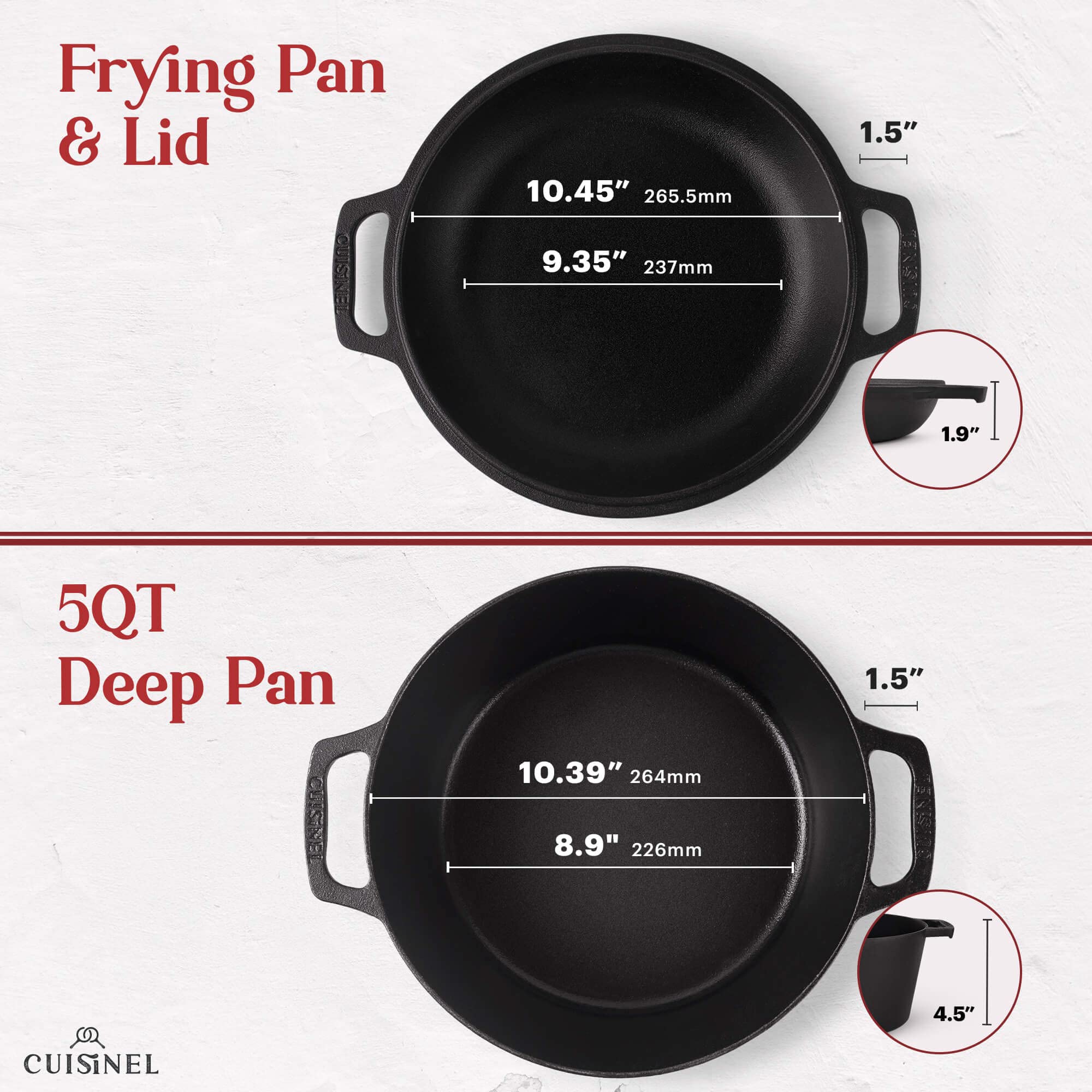 Cuisinel 5-Quart Cast Iron Dutch Oven - Preseasoned 2-in-1 Multi-Cooker with Skillet Lid & Accessories - Perfect for Baking Bread, Stews & Outdoor Cooking
