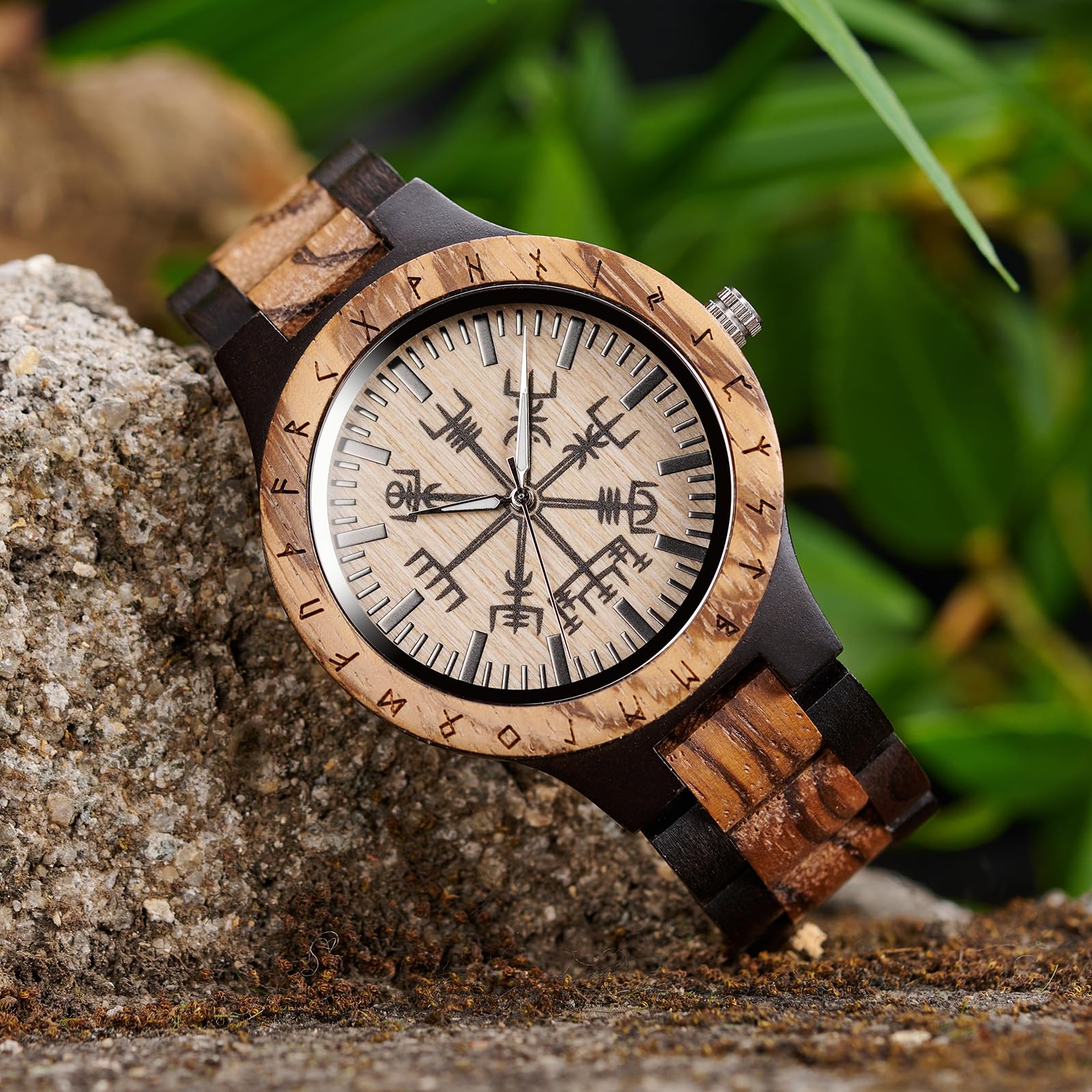 Vikingenes Handmade Wooden Watches for Men – Engraved Personalized Viking Watch, Natural Wood Wristwatch with Chronograph – Luxury Unique Gift for Him – Perfect for Outdoor Adventures, Formal Events & Anniversary Presents