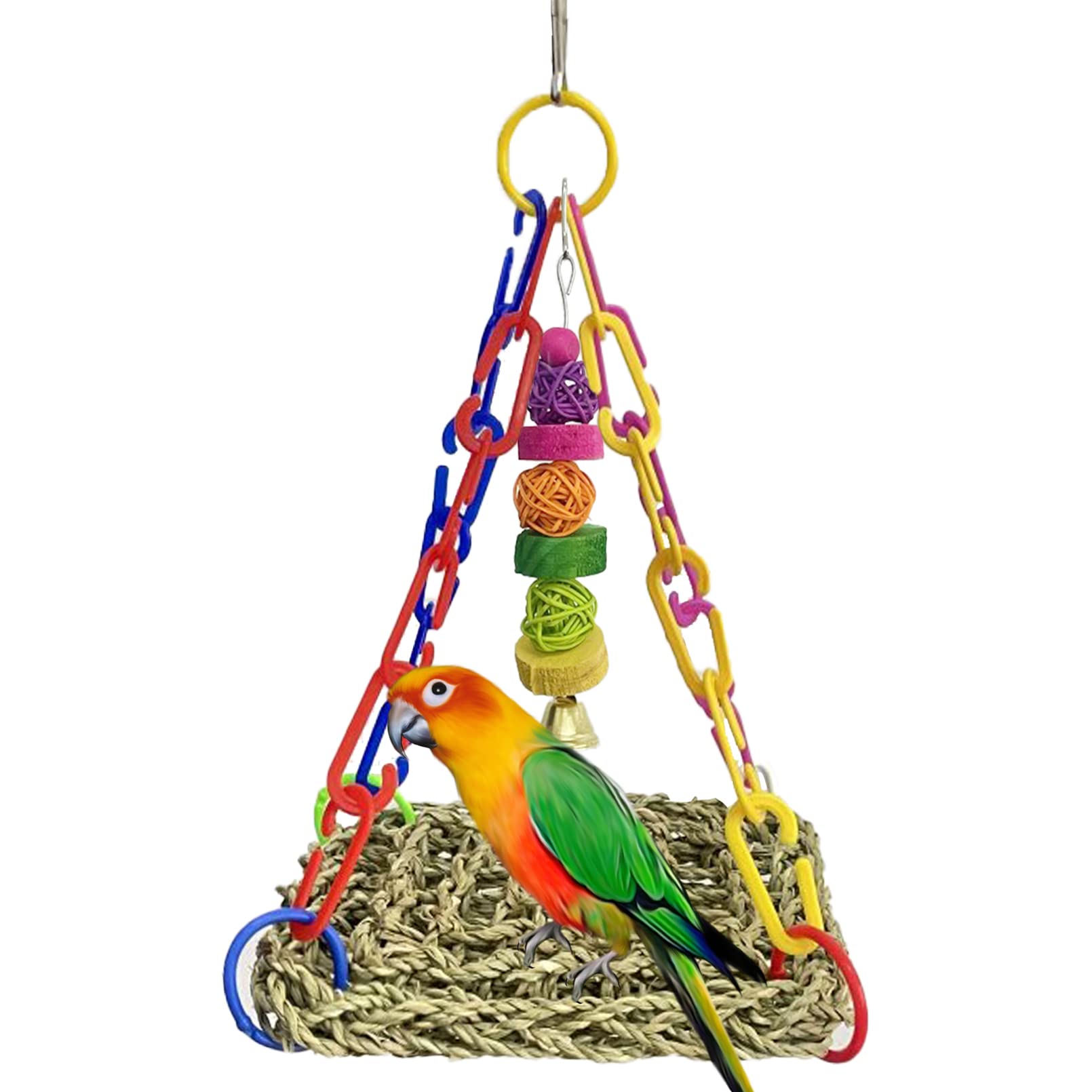Natural Seagrass Woven Parrot Hammock Swing - Chewable Foraging Toy for Lovebirds, Parakeets & Small Birds - Colorful Wall Hanging Climbing Pad & Rocking Play Mat - Perfect for Cage Enrichment & Playtime