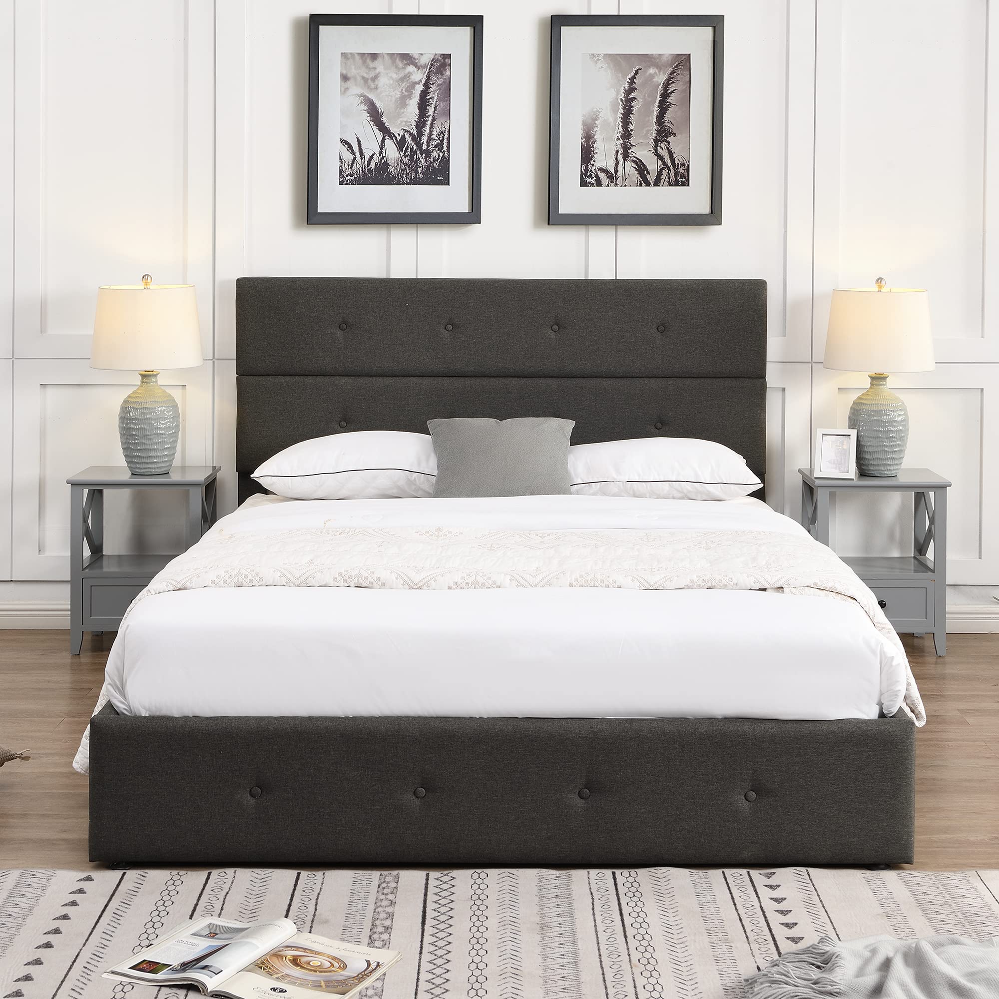 SIYAHOME Queen Size Upholstered Platform Bed Frame with Storage Underneath - Includes Headboard & Footboard, No Box Spring Required - Easy Assembly for Kids & Teens Bedroom (Grey) - Perfect for Small Spaces & Modern Bedroom Decor