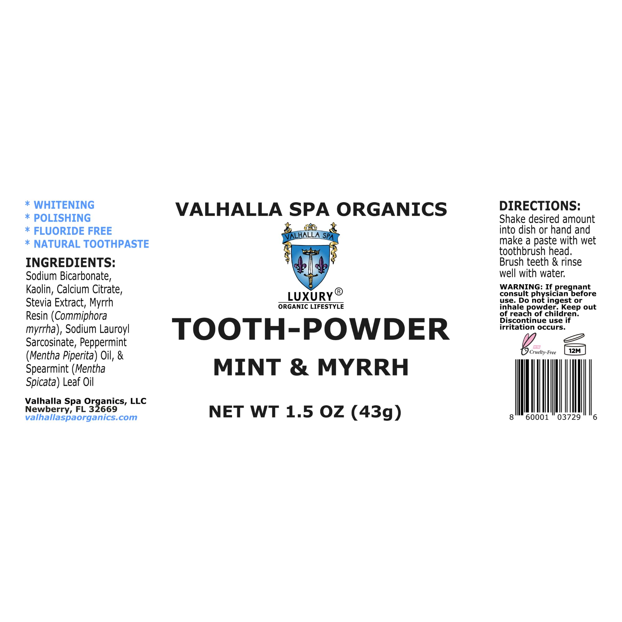 Natural Tooth Powder with Mint & Myrrh Gum - Fluoride Free Whitening & Polishing Toothpaste | Valhalla Spa Organics 1.5oz (2 Pack) | Gentle Oral Care for Sensitive Teeth & Fresh Breath - Perfect for Travel & Daily Use