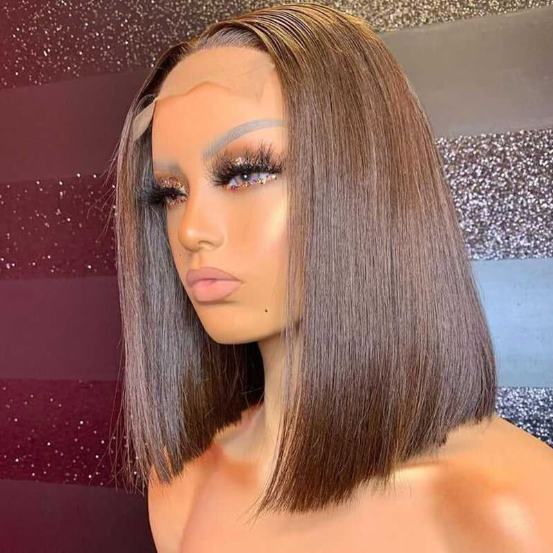 Eullair Short Bob Wigs 13x4 Lace Front Human Hair Wig - Pre-Colored Burgundy Highlight Straight Hairpiece for Women | Perfect for Daily Wear, Cosplay & Special Occasions