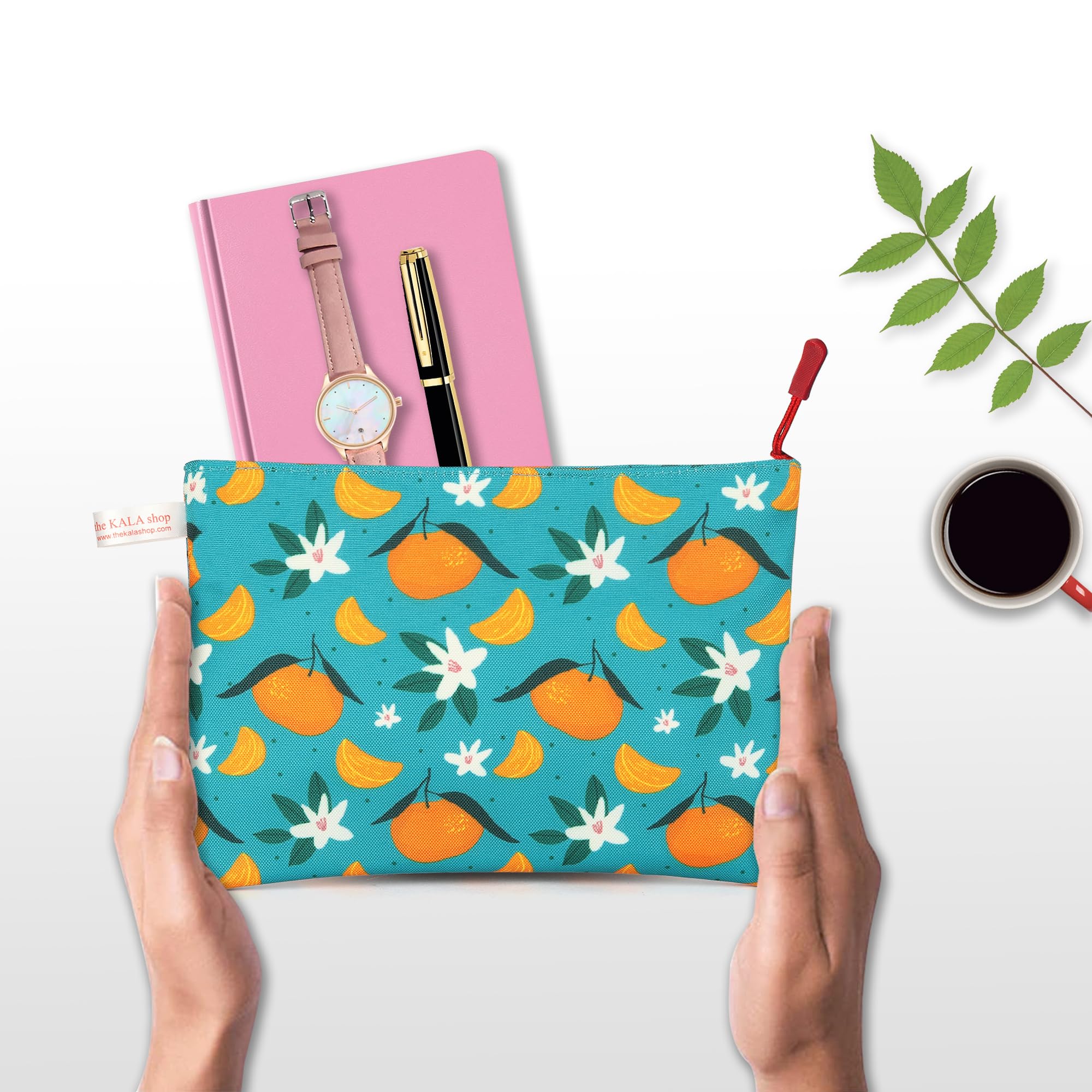 KALA SHOP Multifunctional Travel Pouch for Women, Men & Kids - Waterproof Storage Bag, Makeup Organizer, Utility Pouch with Orange Floral Design - Perfect for Travel, Gym, Cosmetics & Daily Essentials
