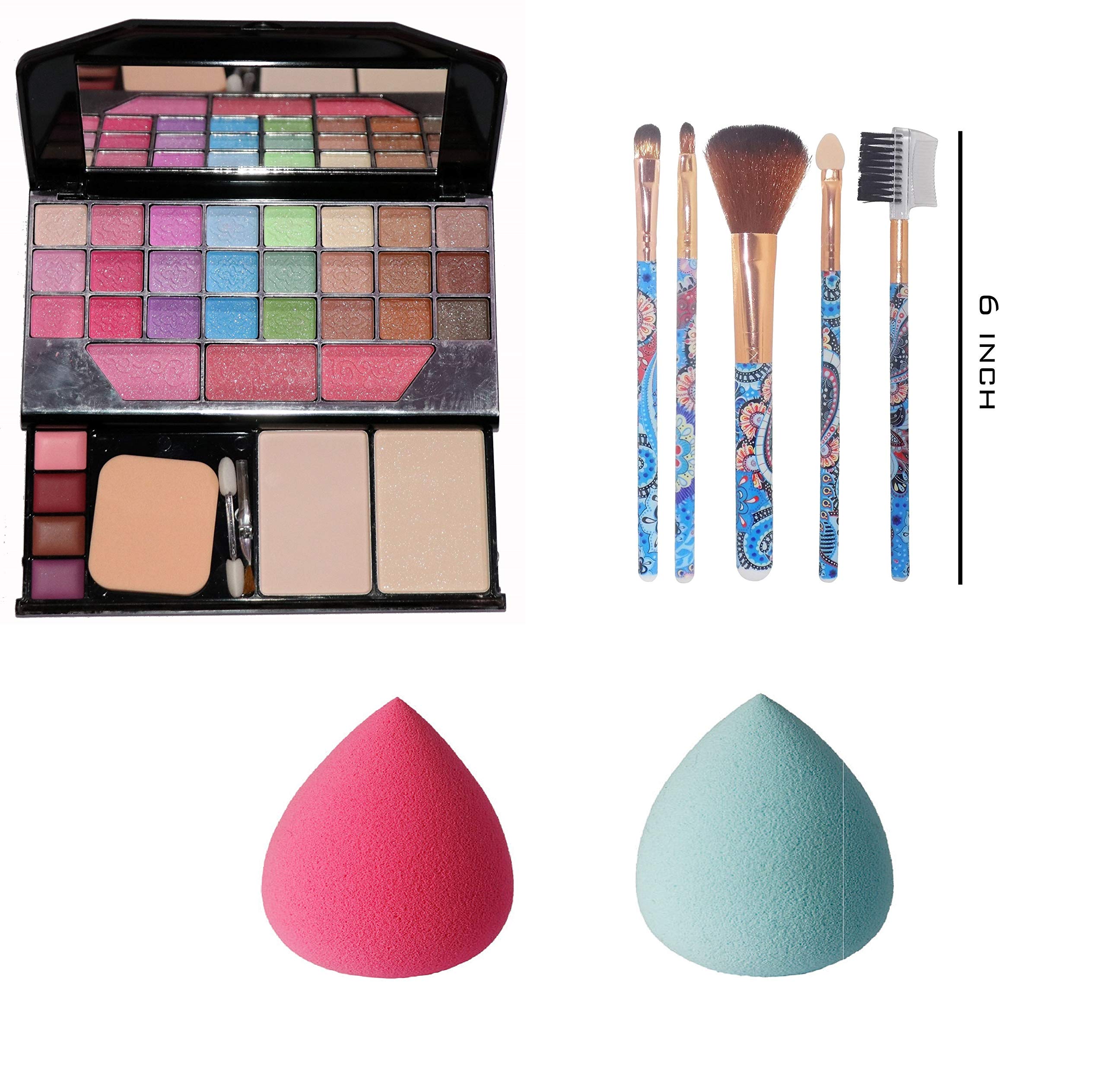 Khelni® 6155 Professional 5-Piece Makeup Brush Set with 2 Blender Puff Sponges - Perfect for Foundation, Contouring & Everyday Makeup Application