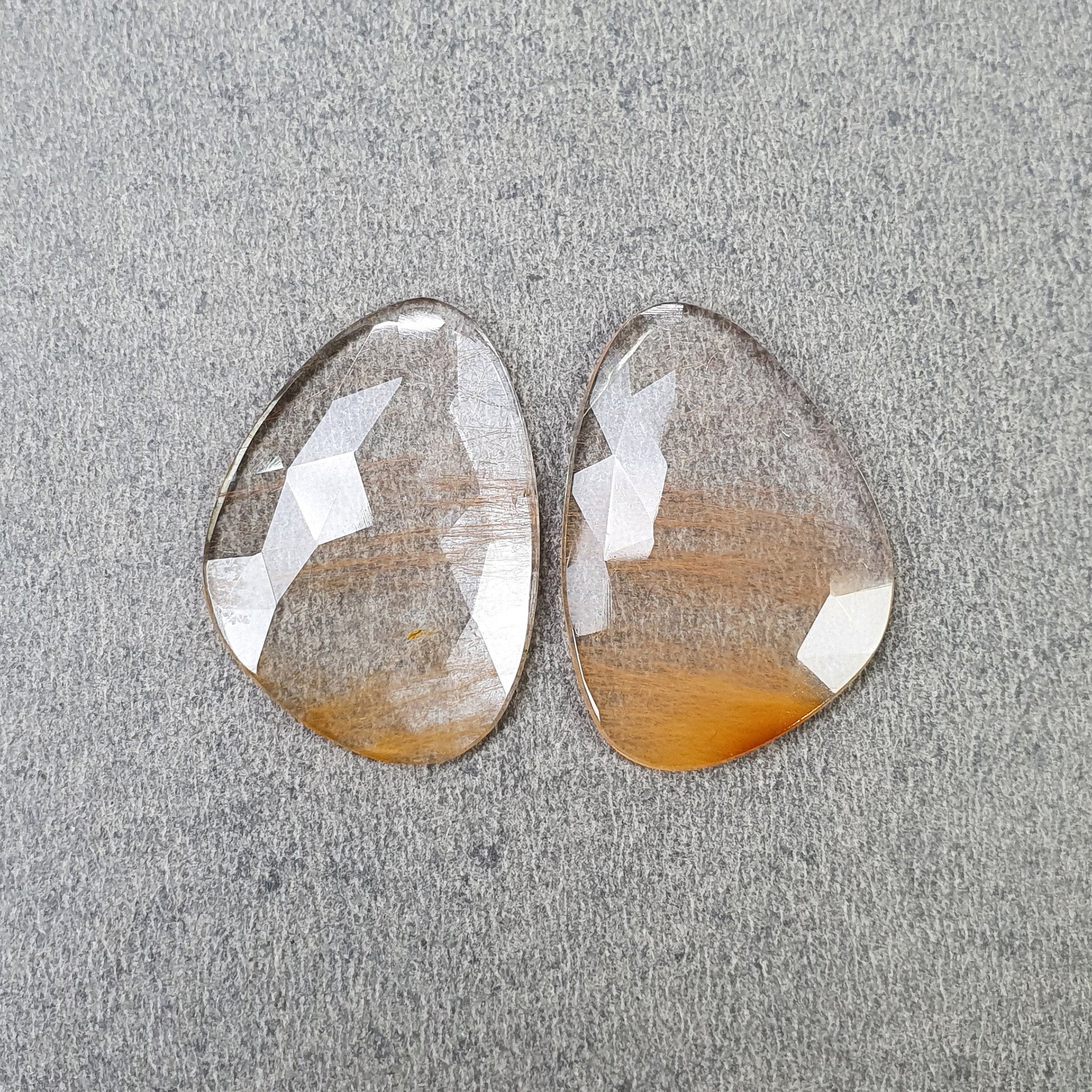 Natural Brown Rutile Quartz Gemstone Rose Cut - 36.90cts Untreated Unheated Rutile Pair (31x22mm) | Healing Crystal, Jewelry Making, Meditation Stone | With Video