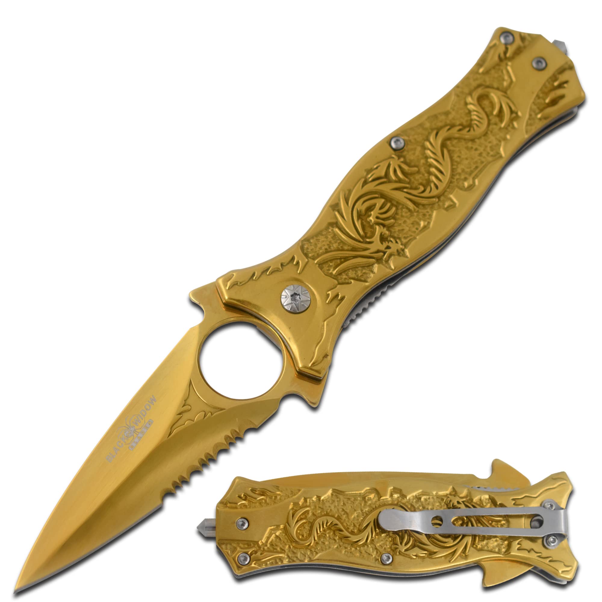 Tactical Folding Pocket Knife with Half-Serrated Blade - Snake Eye Dragon Handle (Gold) | EDC, Outdoor Survival, Camping & Everyday Carry Knife