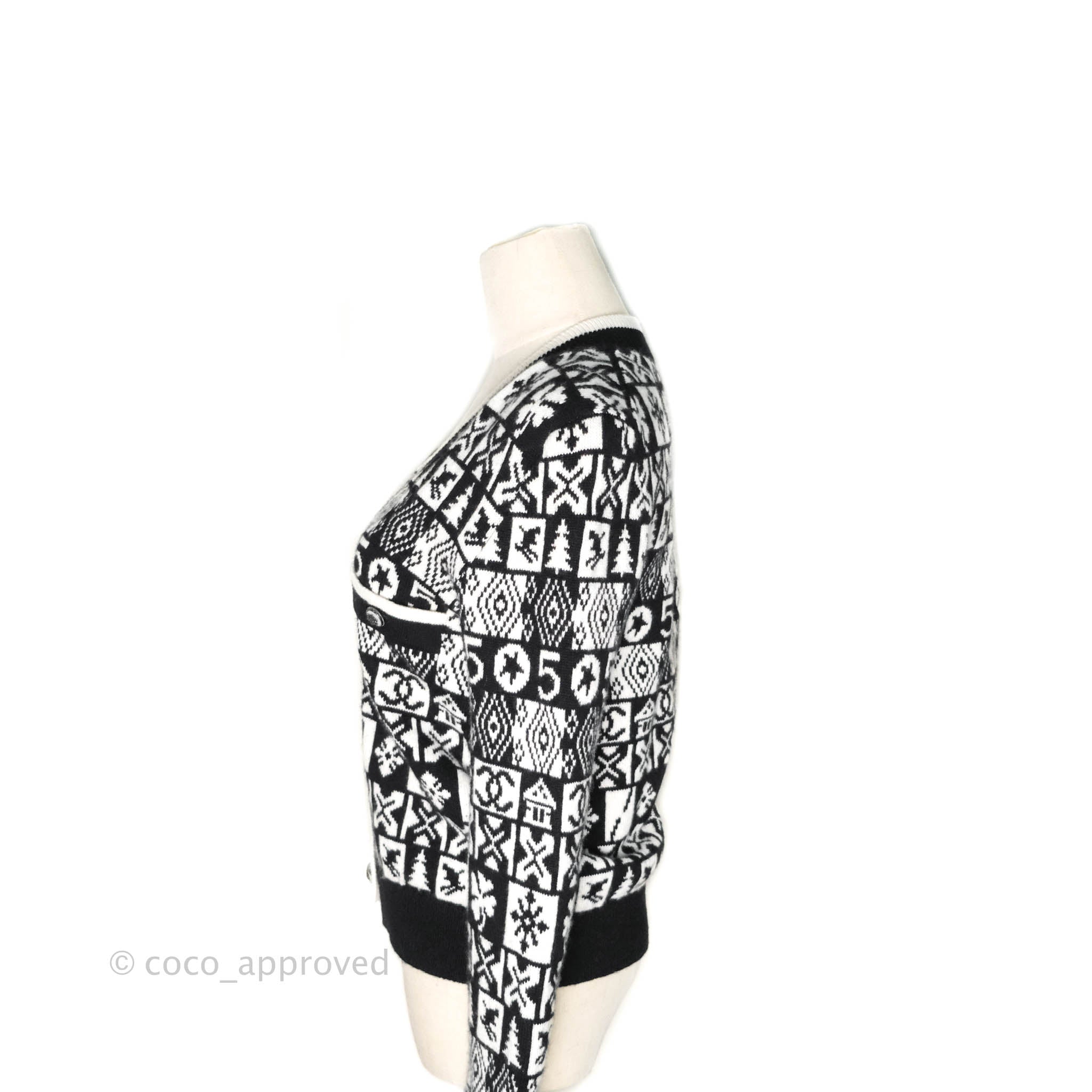 Chanel Black & White Cashmere Cardigan Sweater Women's Luxury Knitwear | Soft Warm Winter Pullover for Office, Party & Casual Outfits