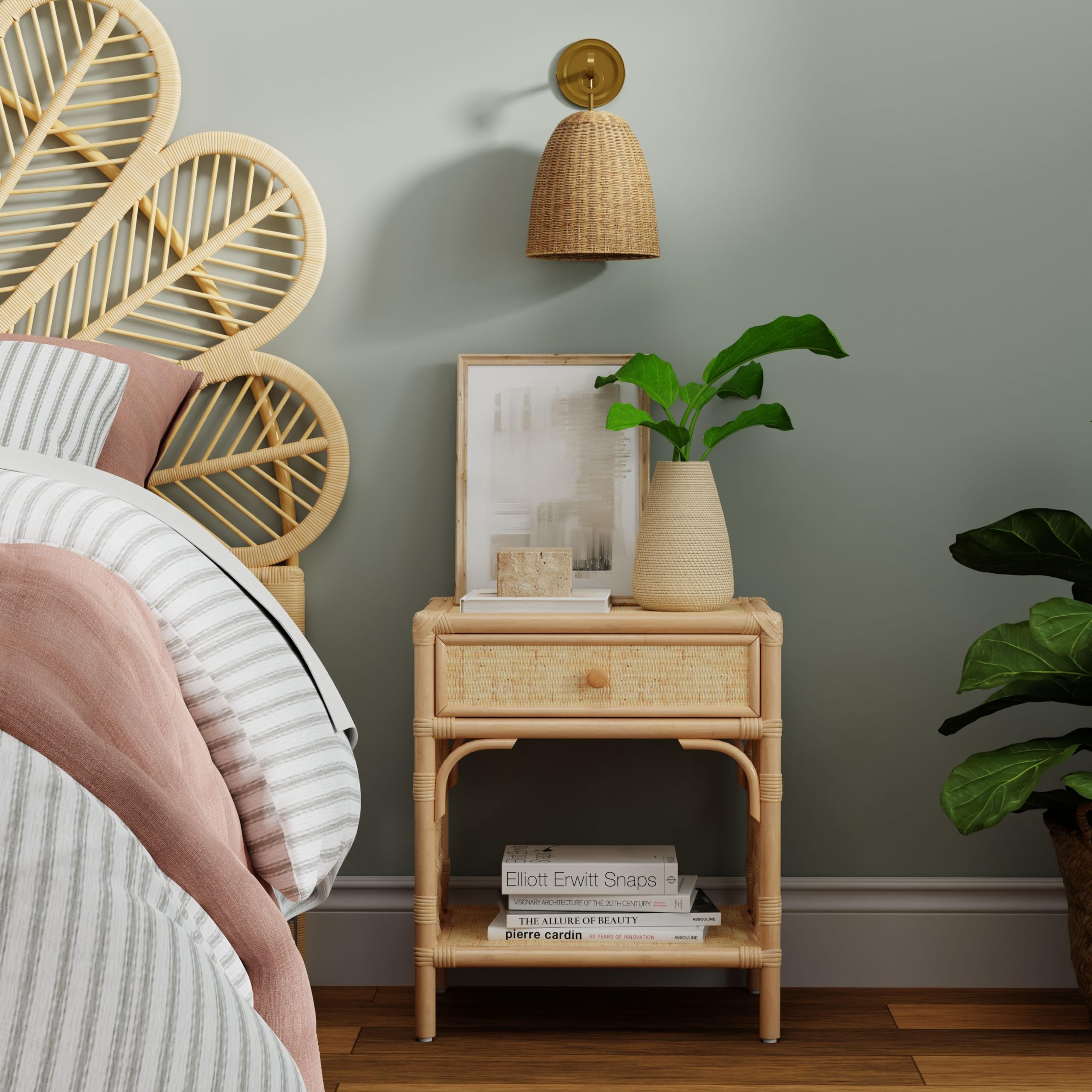 Kouboo Rattan Nightstand with Drawer - Chippendale Design Bedside Table for Bedroom & Living Room | Boho Mid-Century Modern Accent Table with Storage, Light Brown - Perfect for Small Spaces, Guest Rooms & Cozy Home Decor