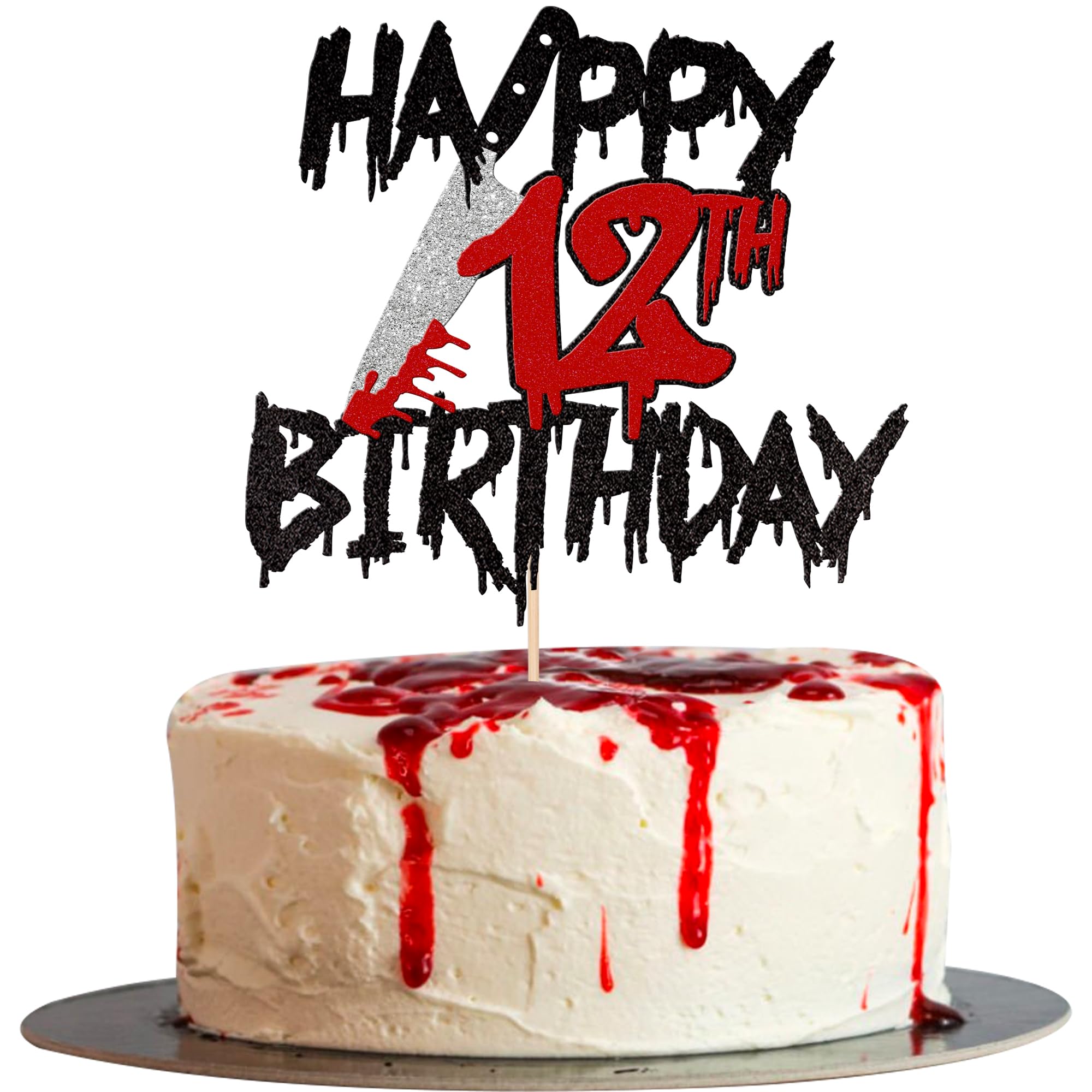 12th Birthday Cake Topper - Black Glitter 'Cheers to 12 Years' Horror Blood Knife Decor for Killer Birthday Party | Halloween Cake Decoration Supplies | Perfect for Spooky Celebrations & Themed Parties