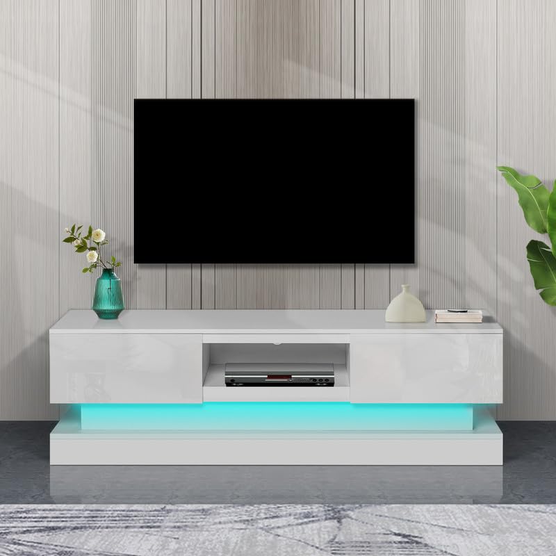51in Modern LED TV Stand for 50/55/60 Inch TVs - High Glossy Entertainment Center with Storage Cabinets & 16 Color LED Lights - White Media Console for Gaming, Living Room, Apartment - Perfect for Home Theater Setup & Stylish Living Spaces