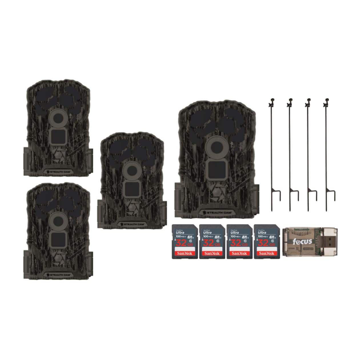 Stealth Cam Browtine 14MP Trail Camera Bundle - 4 Camera Holder Posts, 4x 32GB SD Cards & Card Reader (11 Items) - Perfect for Wildlife Monitoring, Hunting & Outdoor Security Surveillance