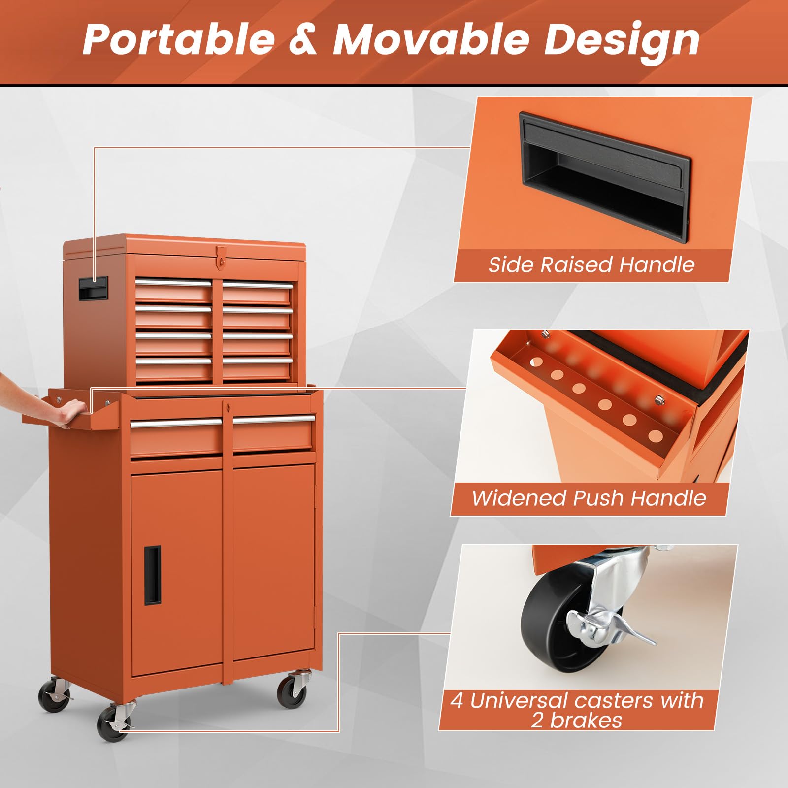 ERGOMASTER Heavy Duty 5-Drawer Rolling Tool Chest with Lockable Cabinet - Orange Tool Box for Garage, Workshop & DIY Projects | Removable Drawers for Easy Organization