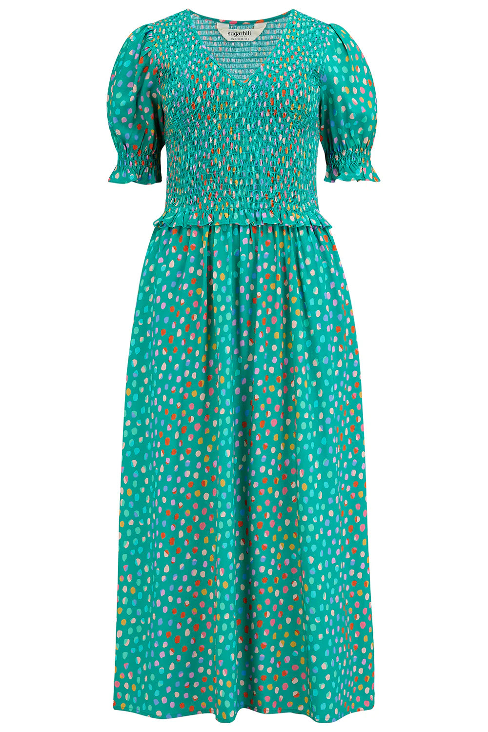 Bettina Shirred Midi Dress - Green Rainbow Pebbles Print Flowy Summer Dress for Women | Perfect for Beach Vacations, Date Nights & Casual Outings