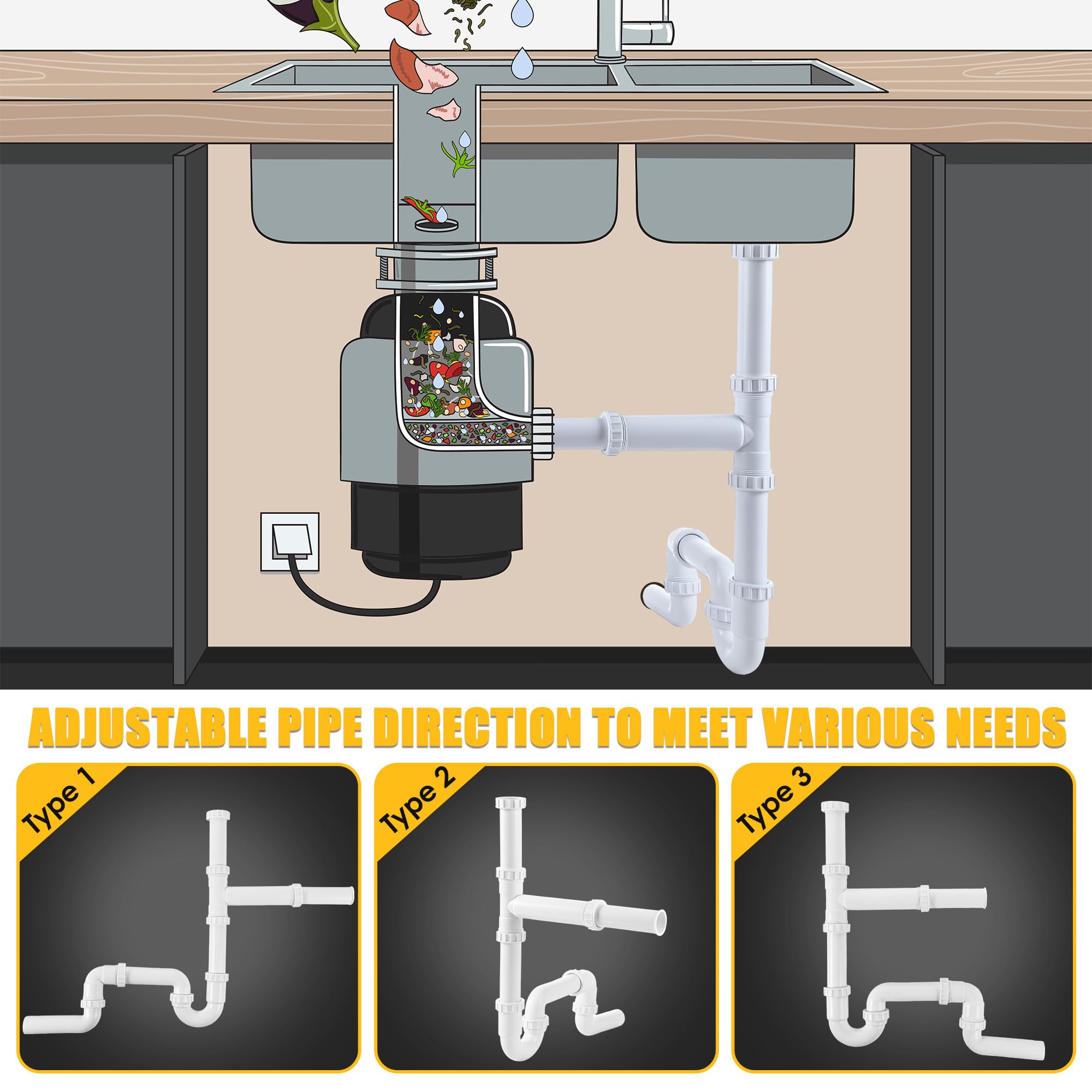 Saillong 27-Piece Garbage Disposal Installation Kit - Complete Kitchen Sink Drain Pipe Set for Double Bowl Sinks, 1-1/2