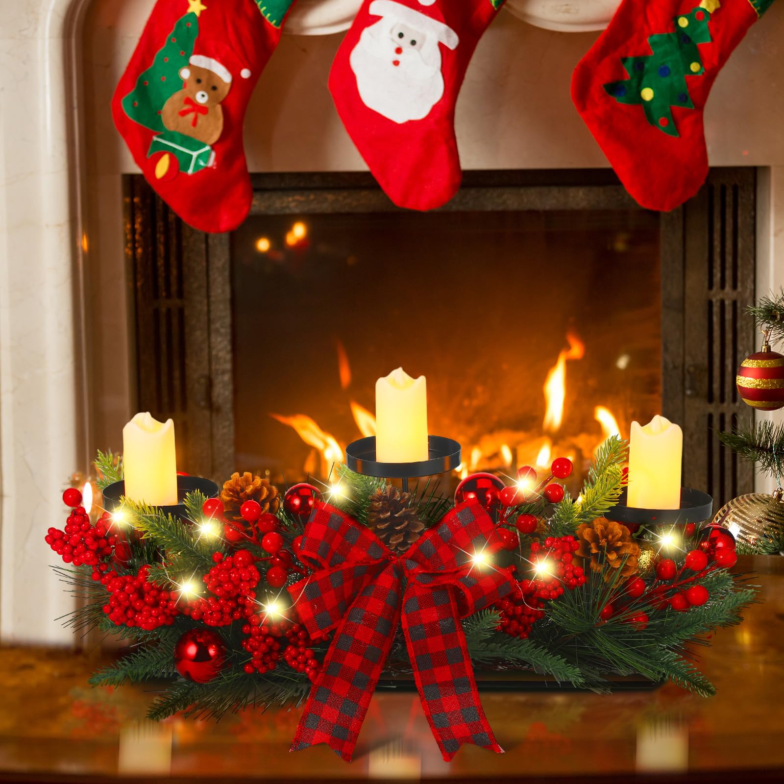 Christmas Triple Candelabrum Centerpiece with LED Candles, String Lights, Bow & Pine Cones - Elegant Holiday Table Decor for Dining Room, Fireplace Mantel & Christmas Party Decoration