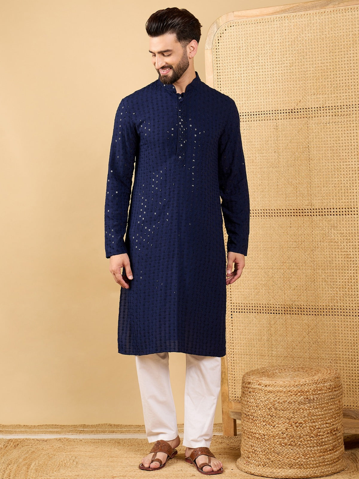 Men's Chikankari Kurta - Dark Blue Traditional Indian Embroidered Tunic for Casual Wear, Festivals & Ethnic Events