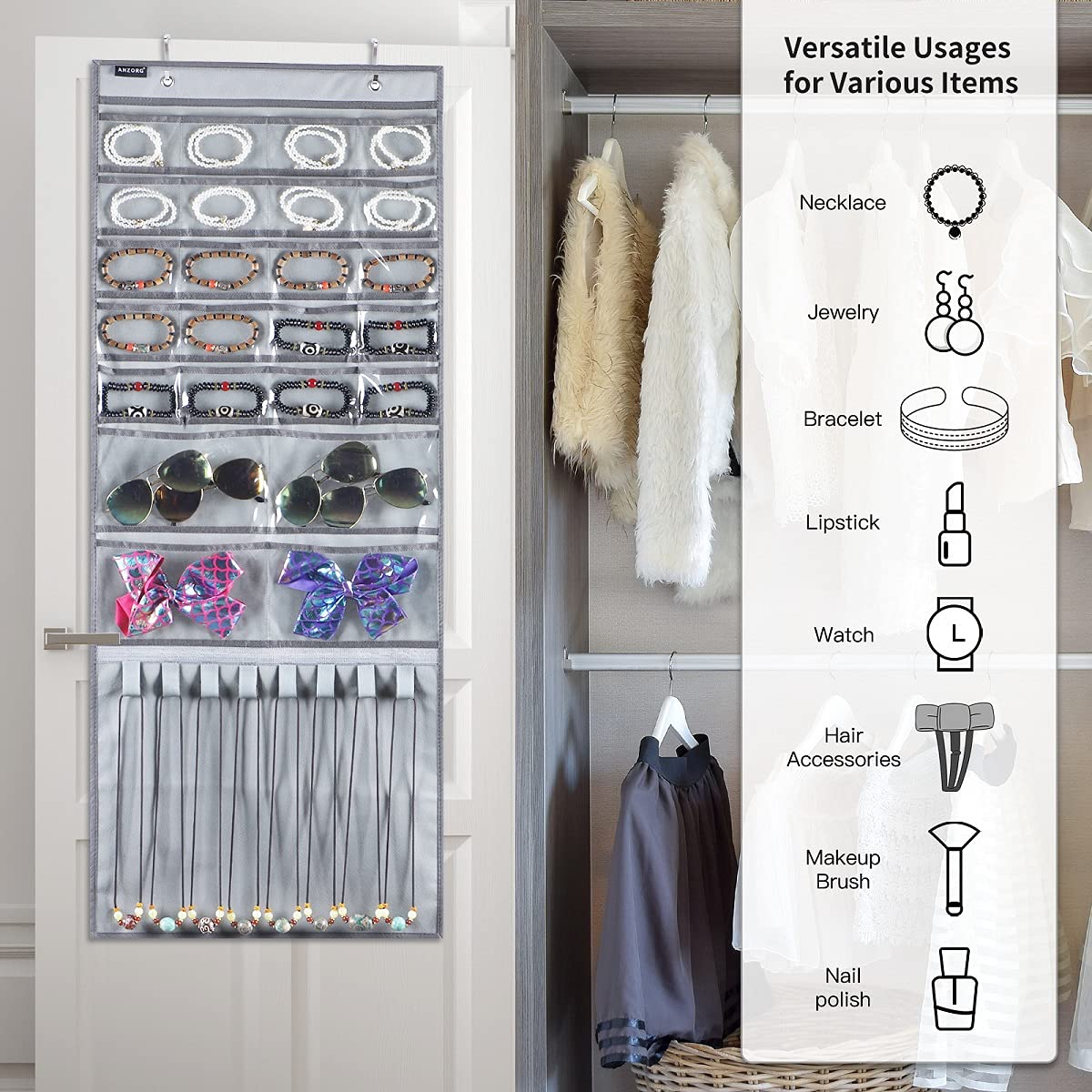 Over The Door Hanging Jewelry Organizer - Wall Mounted Earring Holder with 24 Clear Pockets & 8 Hook Loops for Necklace, Bracelet, Ring Storage - Perfect for Bedroom, Closet & Travel Organization (Grey)