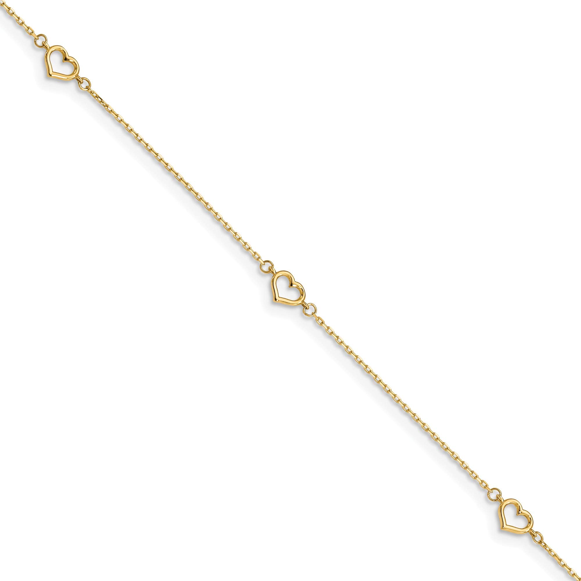 14K Yellow Gold Heart Anklet with 1-Inch Extension Chain - 11 Inch Adjustable Length - Perfect for Beach, Summer & Casual Wear