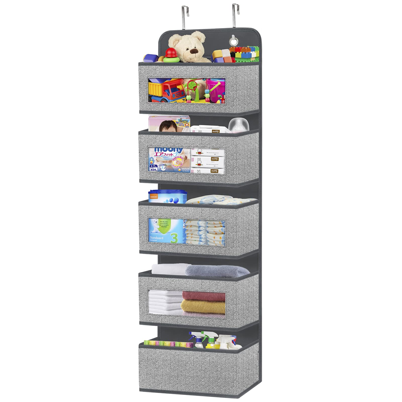 Homyfort Over the Door Hanging Organizer - 5 Large Pockets Wall Mount Storage with Clear Windows & 2 Reinforced Metal Hooks - Perfect for Pantry Organization, Nursery Storage, Bathroom Essentials, Kitchen Supplies, Closet Organization & Dorm Room Storage