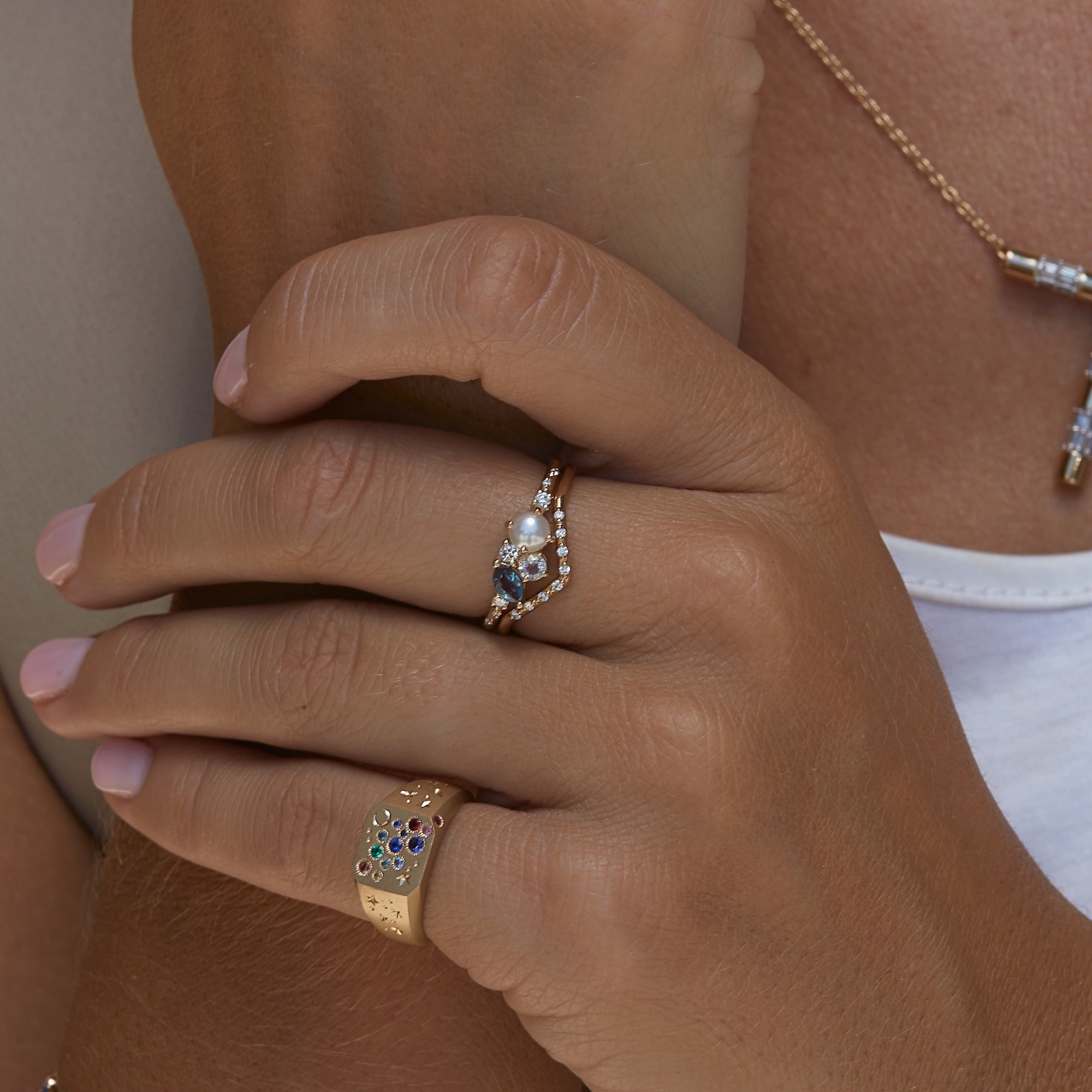 Pearl Ocean Starry Cluster Ring - Elegant Silver Jewelry for Women, Perfect for Weddings, Parties & Date Nights