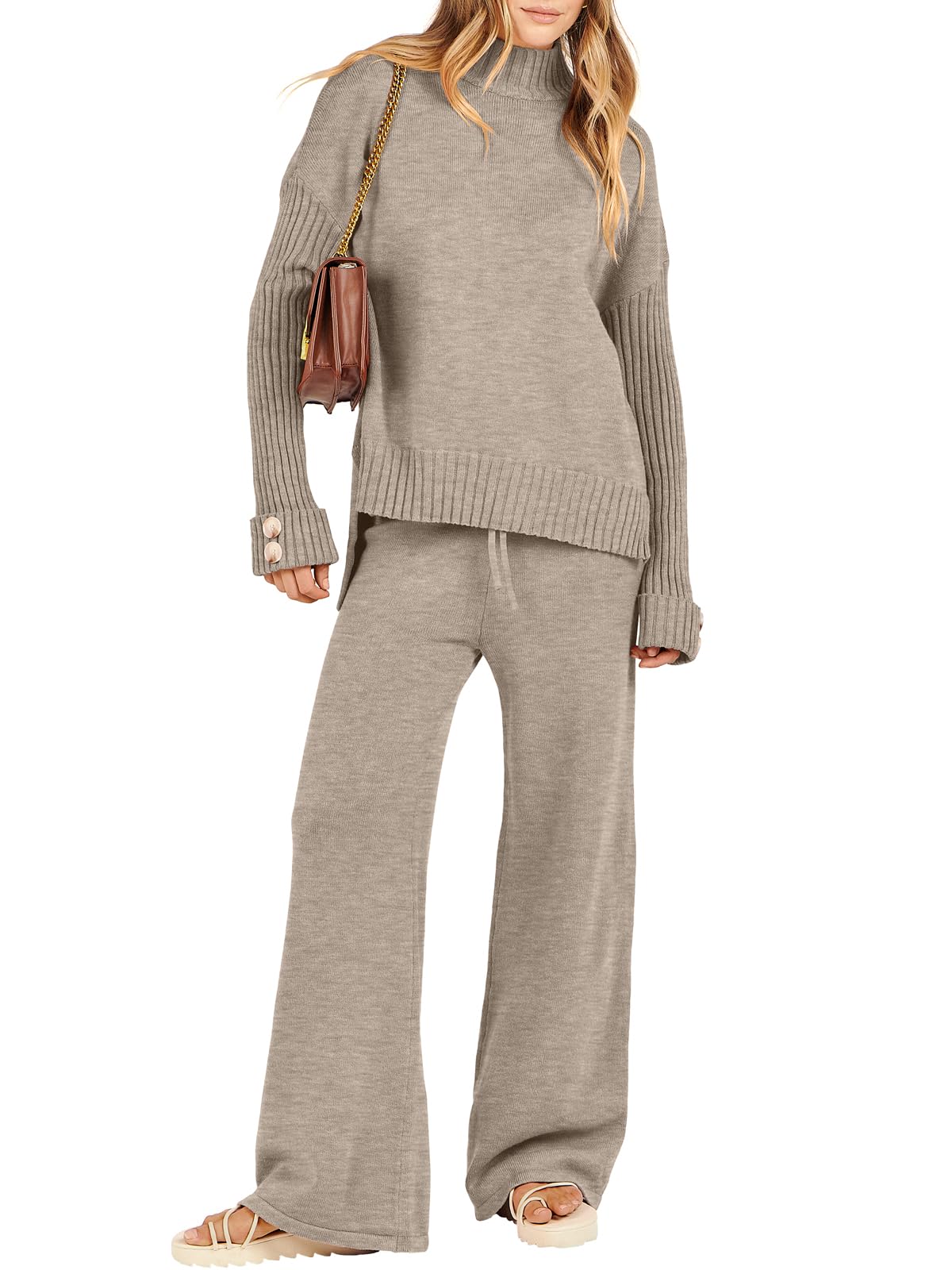 Caracilia Women's 2-Piece Sweater Set - Knit Pullover & Wide Leg Pants Lounge Matching Outfit | 2024 Fall Fashion Travel Clothes | Cozy Homewear, Office Casual & Vacation Outfits