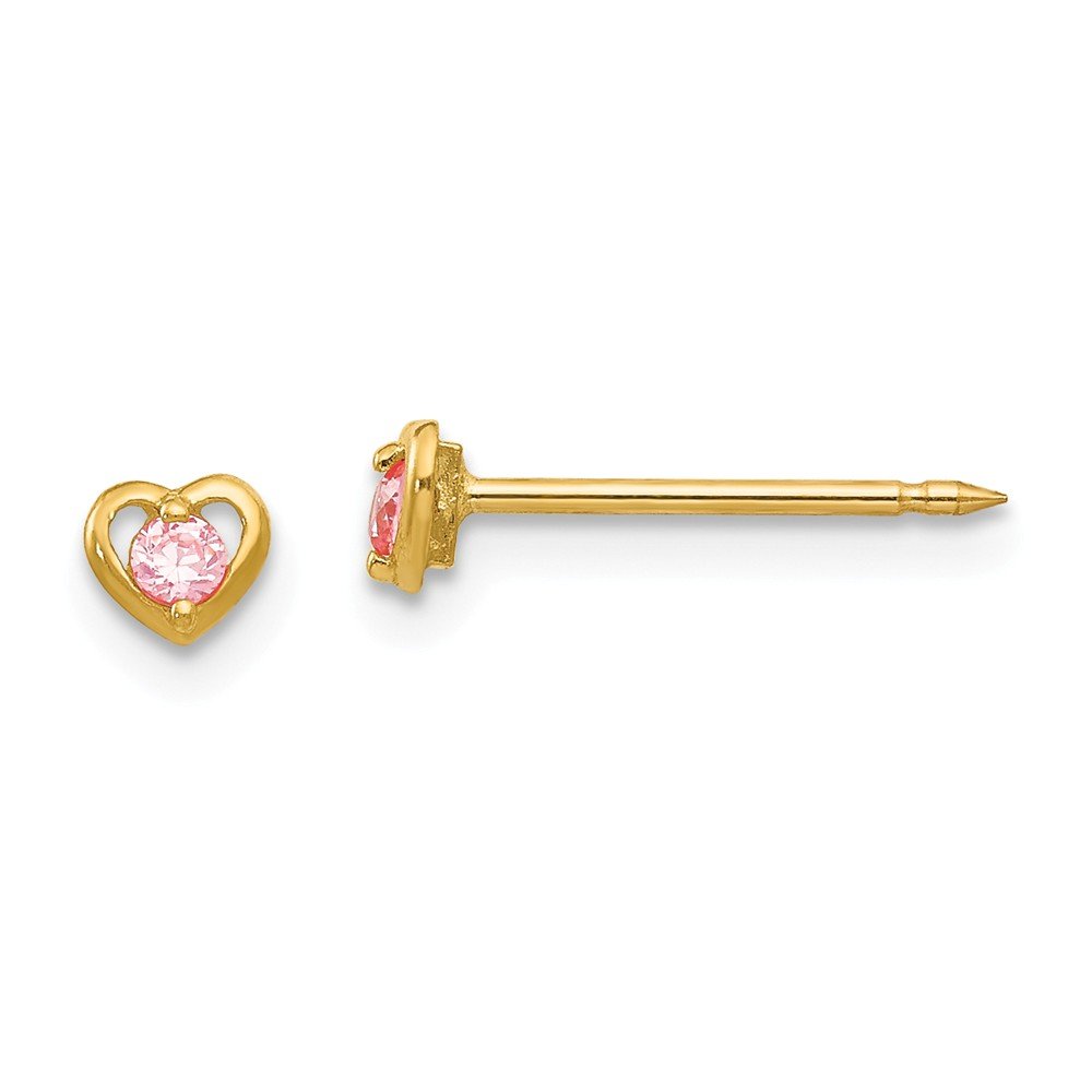 14K Yellow Gold Heart Stud Earrings with Pink Cubic Zirconia - Elegant Valentine's Day Gift for Her, Perfect for Anniversaries, Birthdays & Romantic Occasions