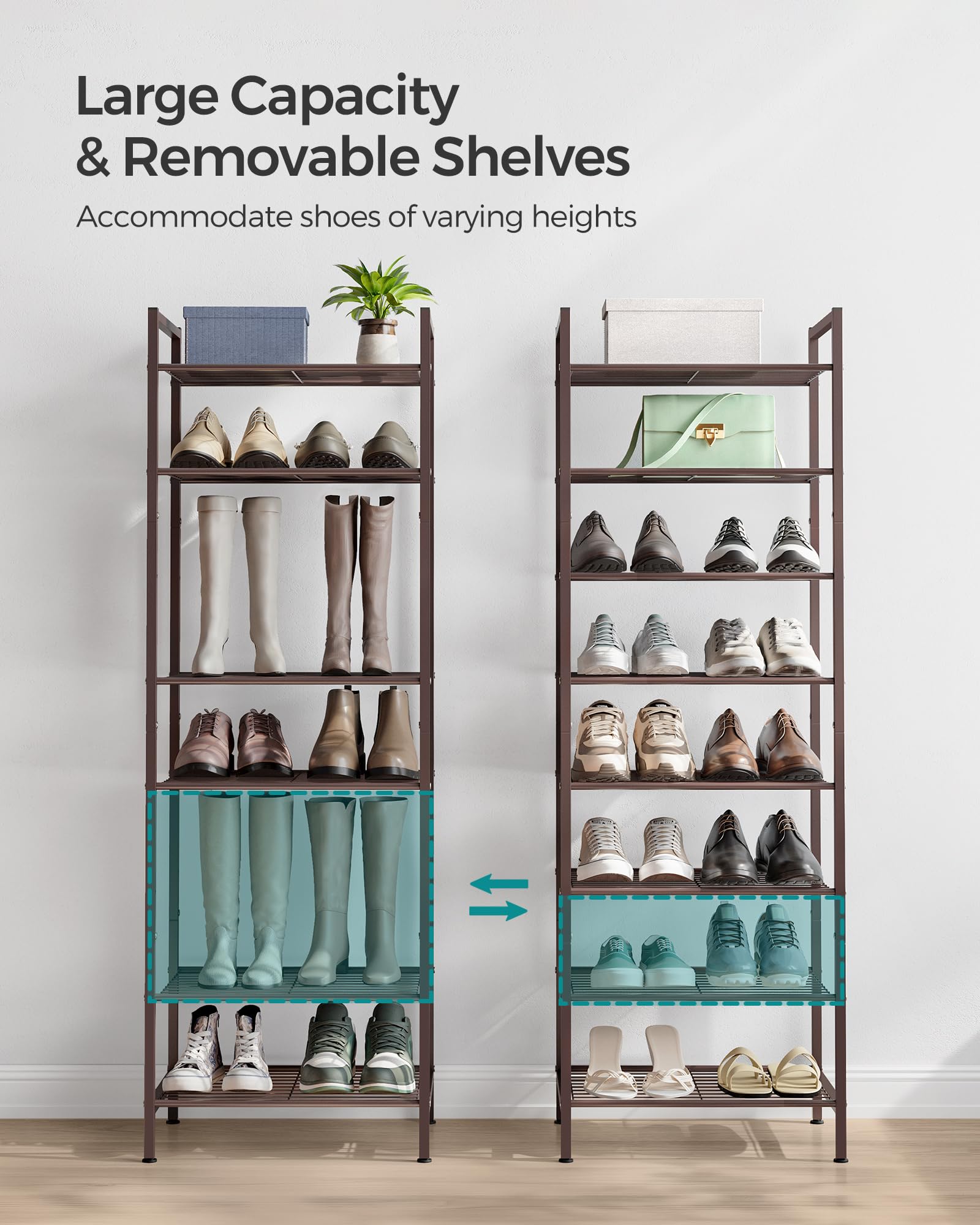 SONGMICS 8-Tier Narrow Shoe Rack - Slim Metal Shoe Storage Organizer for Small Spaces, Entryway & Closet | Sturdy Bronze Shelf for Shoes, Boots & Sneakers | Perfect for Apartments, Dorms & Tight Spaces