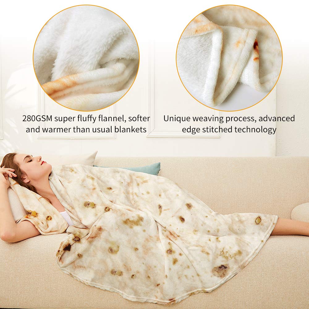 Burrito Tortilla Throw Blanket - 2-Sided Giant 47in Round Flannel Blanket for Kids, Babies & Pets | Funny Taco-Themed Gift for Baby Showers, Birthdays & Cozy Home Decor | Perfect for Lounging, Napping & Photo Props