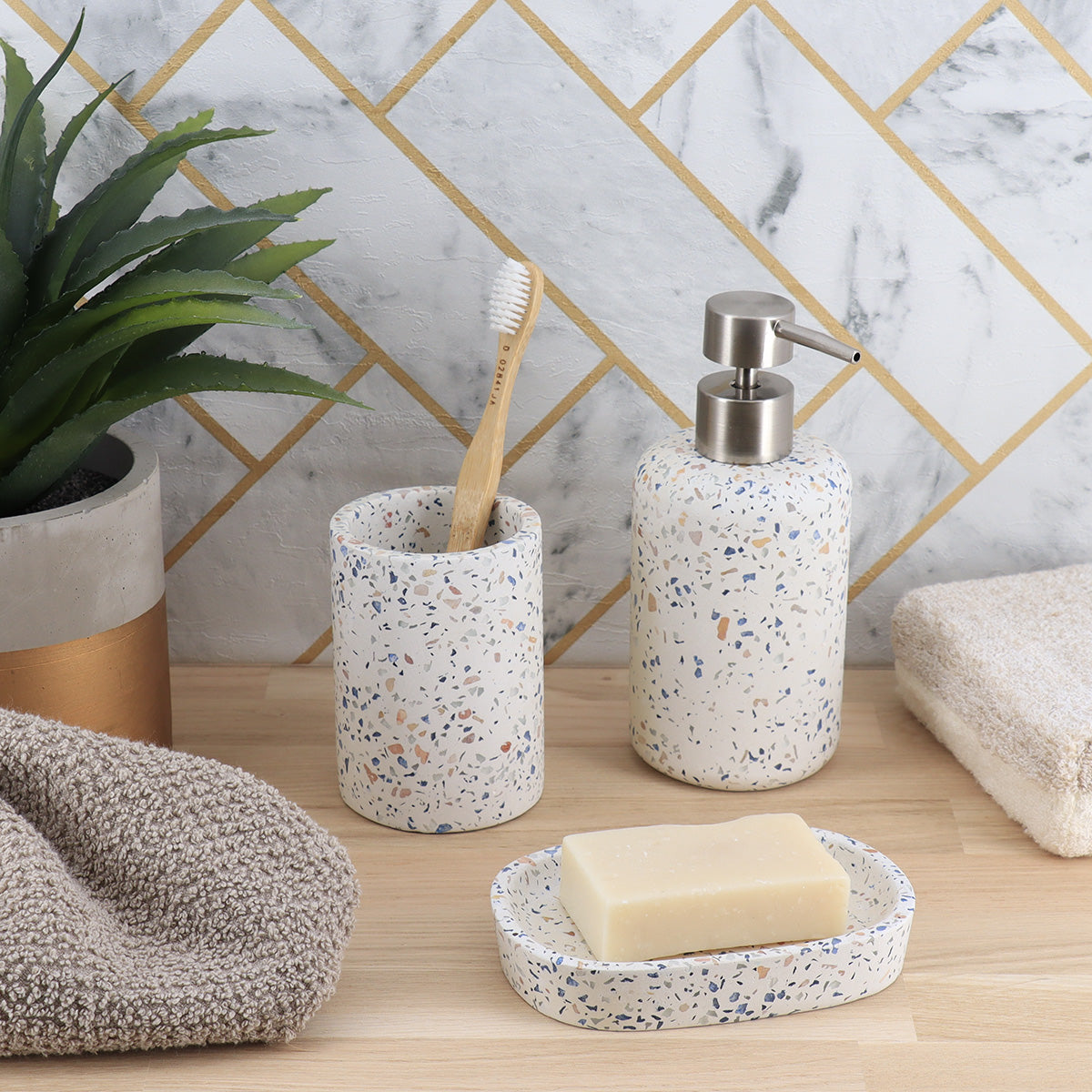 220ml Terrazzo Cement Soap Dispenser - Modern Bathroom & Kitchen Countertop Soap Pump for Home Decor