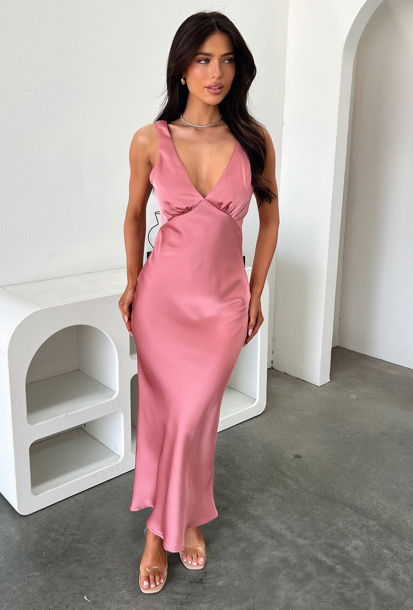 Delayne V Neck Satin Midi Dress - Elegant Rose Pink Formal Evening Gown for Women | Perfect for Weddings, Parties & Special Occasions