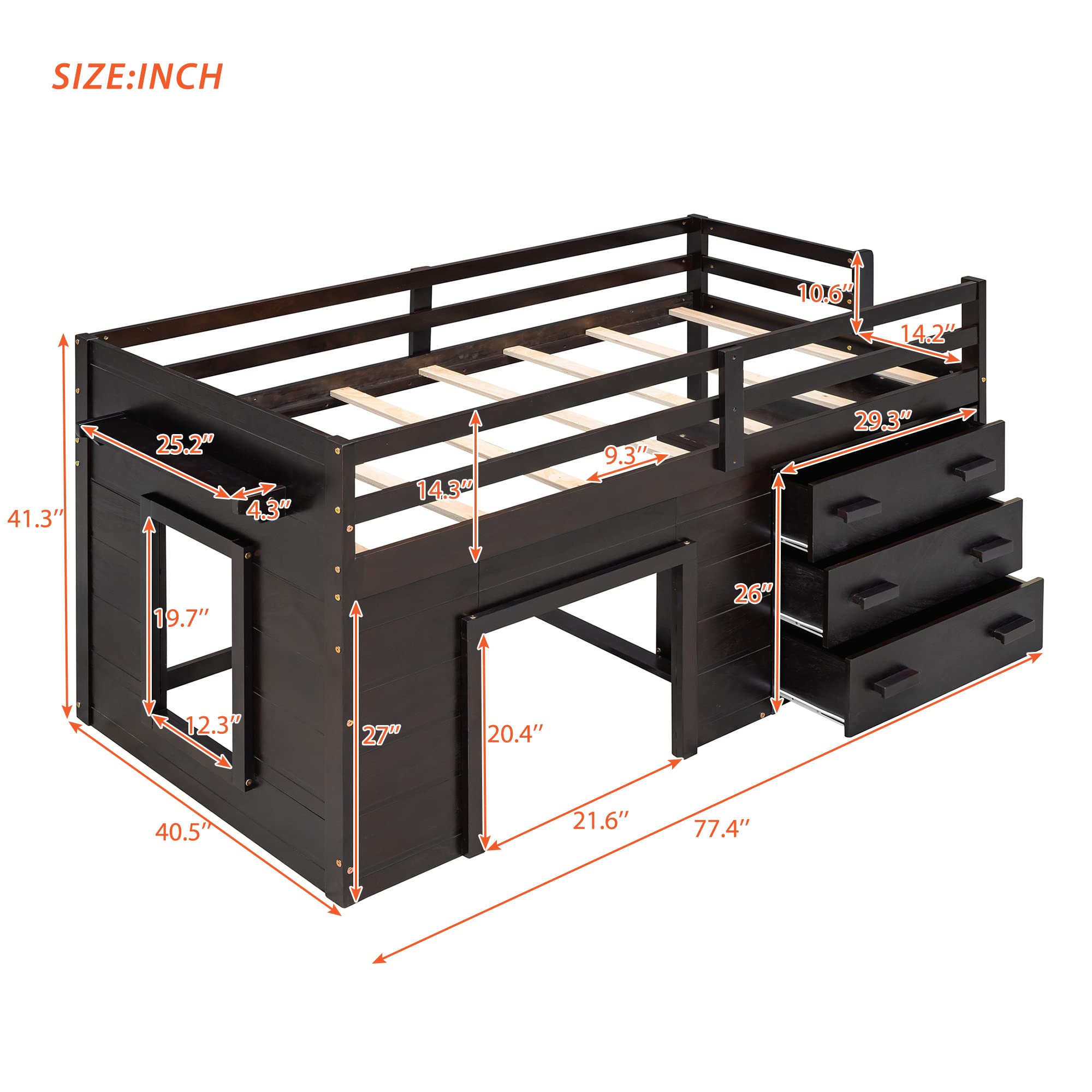 Twin Loft Bed with Storage Drawers & Cabinet - Low Loft Bed Frame with Bedside Tray - Wooden Farmhouse Style Loft Bed for Kids, Teens, Boys & Girls - Espresso Finish - Perfect for Small Bedrooms, Dorm Rooms & Space-Saving Kids' Rooms
