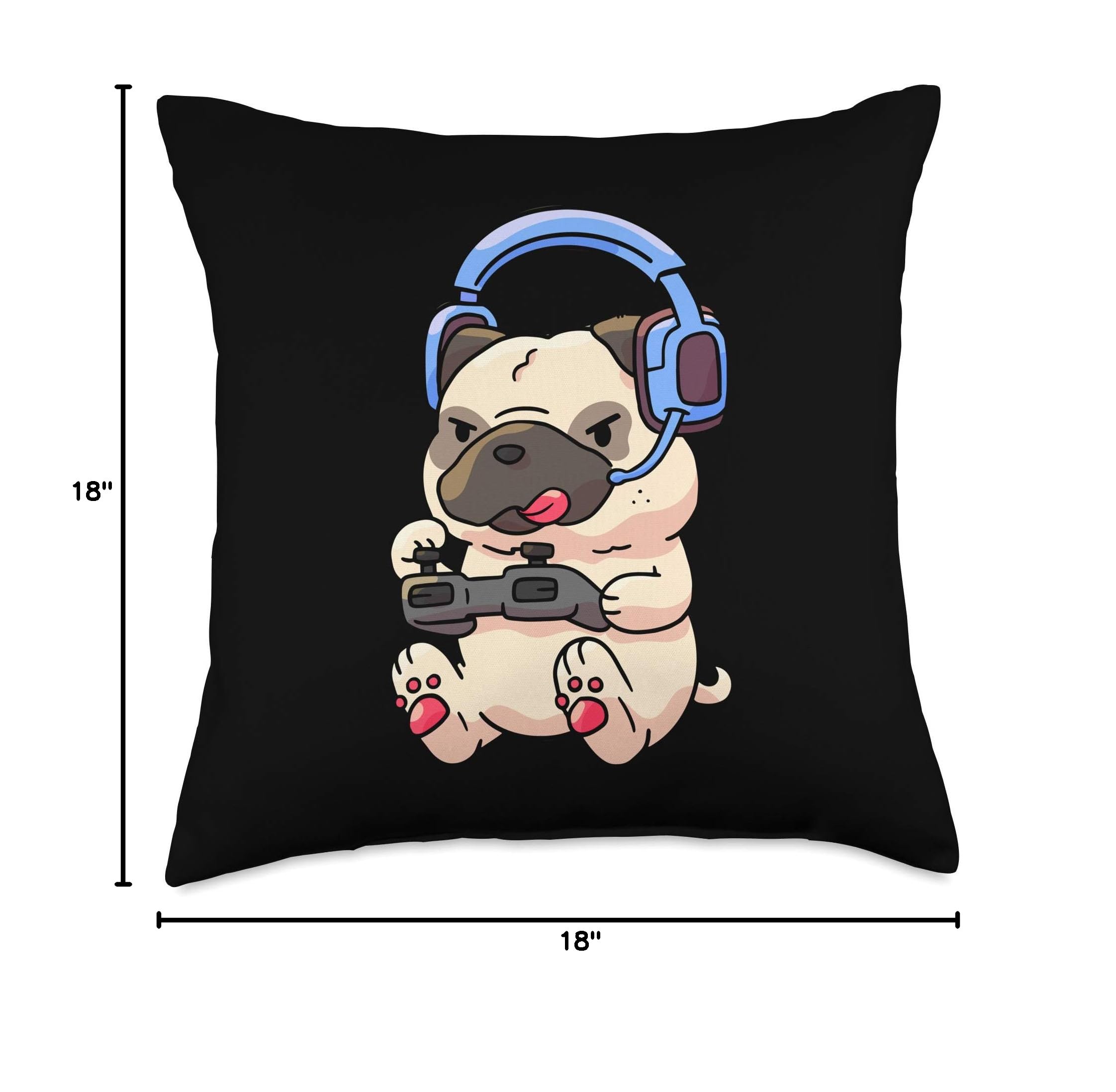 Gamer Pug Throw Pillow - Cute Gaming Pugs Design - Perfect Video Game Gift for Gamers & Dog Lovers - Great for Gaming Chairs, Couches & Bedroom Decor