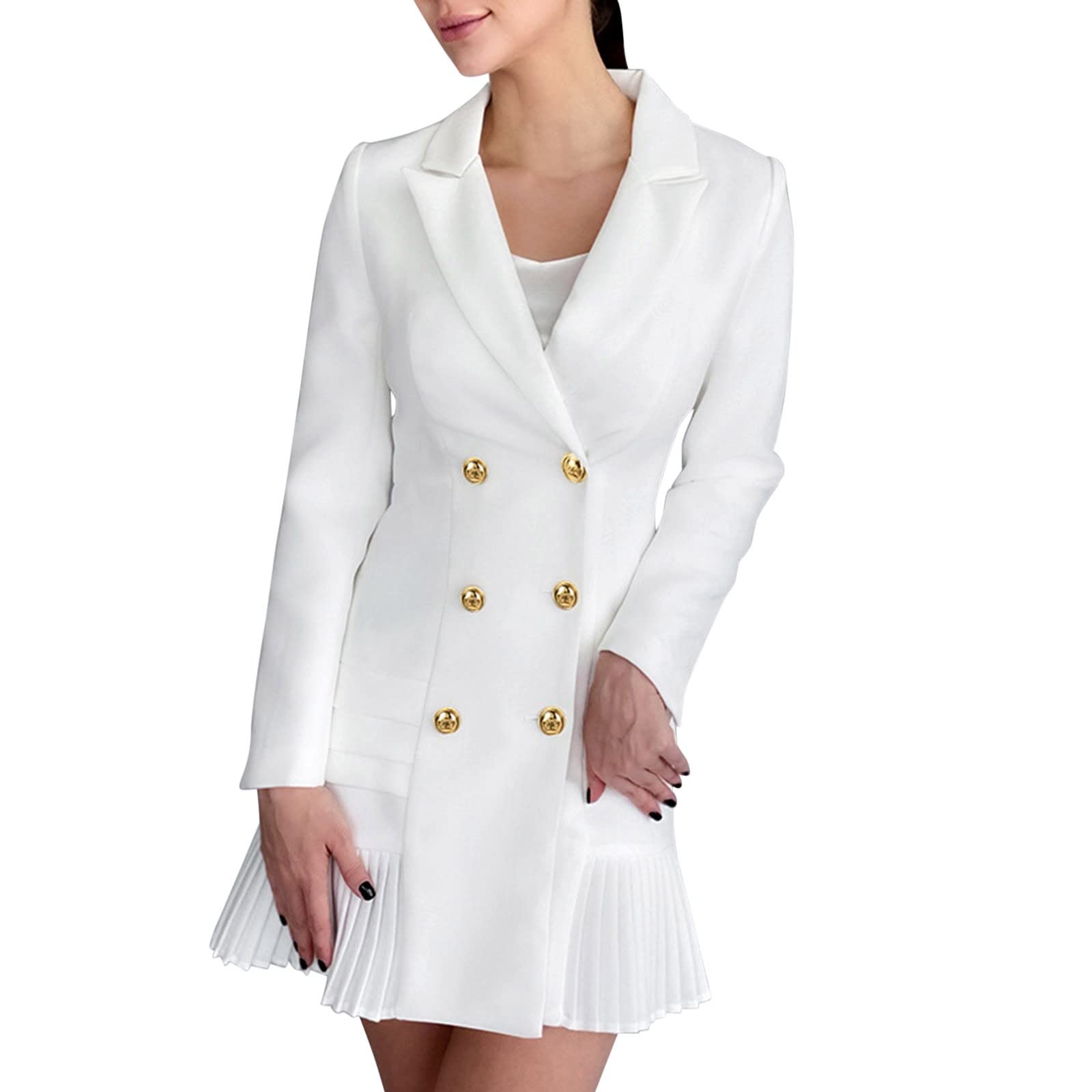 Women's Double Breasted A-Line Suit Dress with Lapel Neck & Waist Pleats - Elegant Office & Business Attire for Professional Women