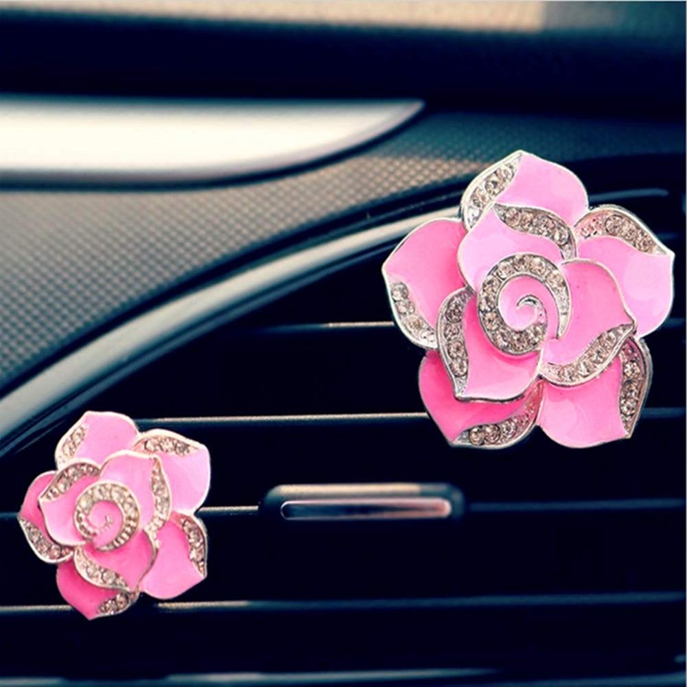 2Pcs Bling Camellia Car Vent Diffuser Clips with Artificial Diamonds - Pink Floral Air Vent Decoration for Car AC & Fragrance - Perfect for Sedans, SUVs & Office Spaces