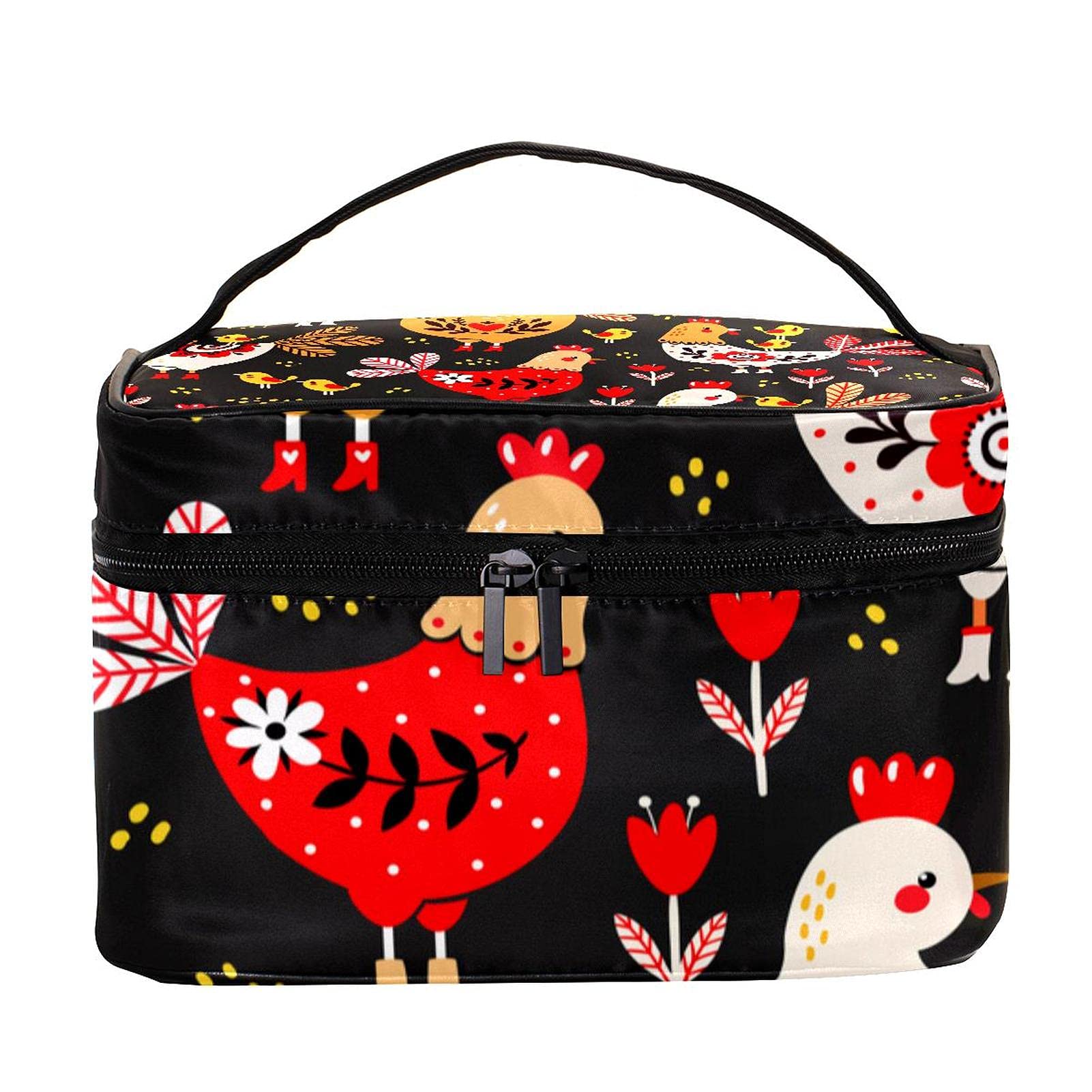 Colorful Rooster Chicken Floral Pattern Travel Makeup Bag - Large Cosmetic Organizer with Zipper - Waterproof Toiletry Bag for Women & Girls - Perfect for Travel, Gym, Beach & Daily Use
