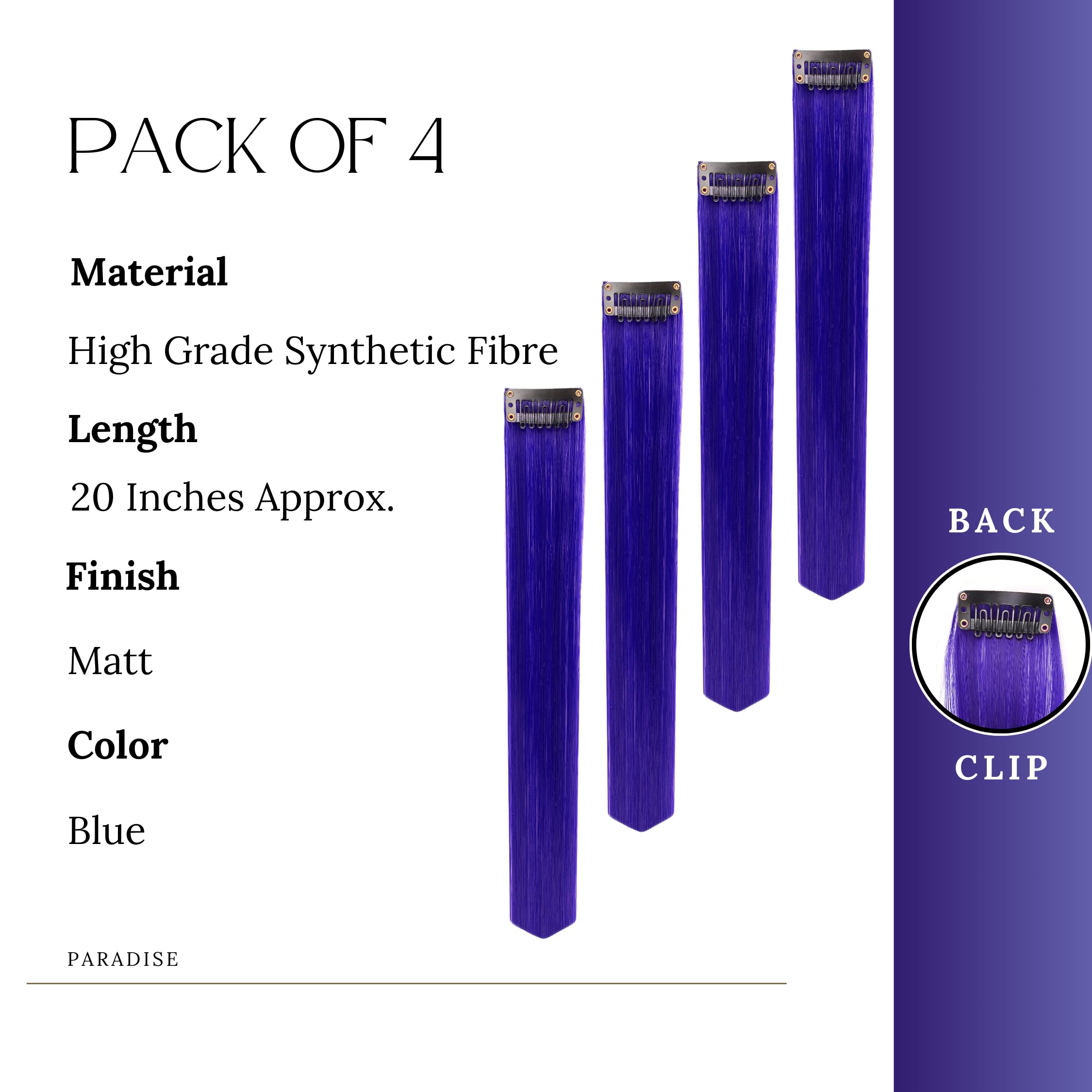 Paradise® Blue Hair Extensions 22 Inches - 4 Pack Clip-in Straight Synthetic Hair for Women & Girls - Funky Colored Hair Streaks for Parties, Cosplay & Halloween Costumes
