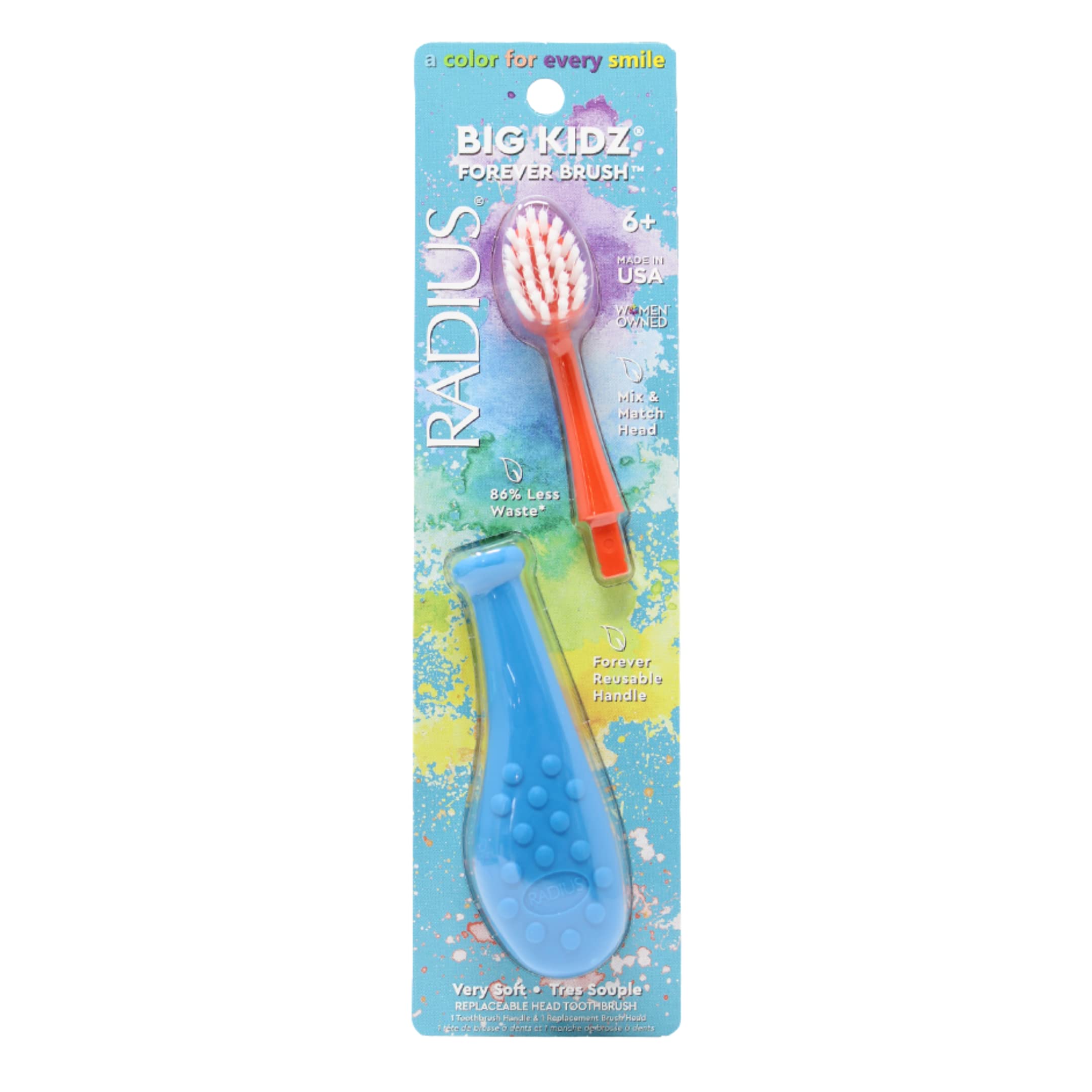 **RADIUS Big Kidz Forever Toothbrush with Replaceable Head - BPA-Free, ADA Accepted for Kids 6+ | Extra Soft Bristles for Growing Teeth & Gums | Right & Left Handed | Perfect for Home, Travel & School**