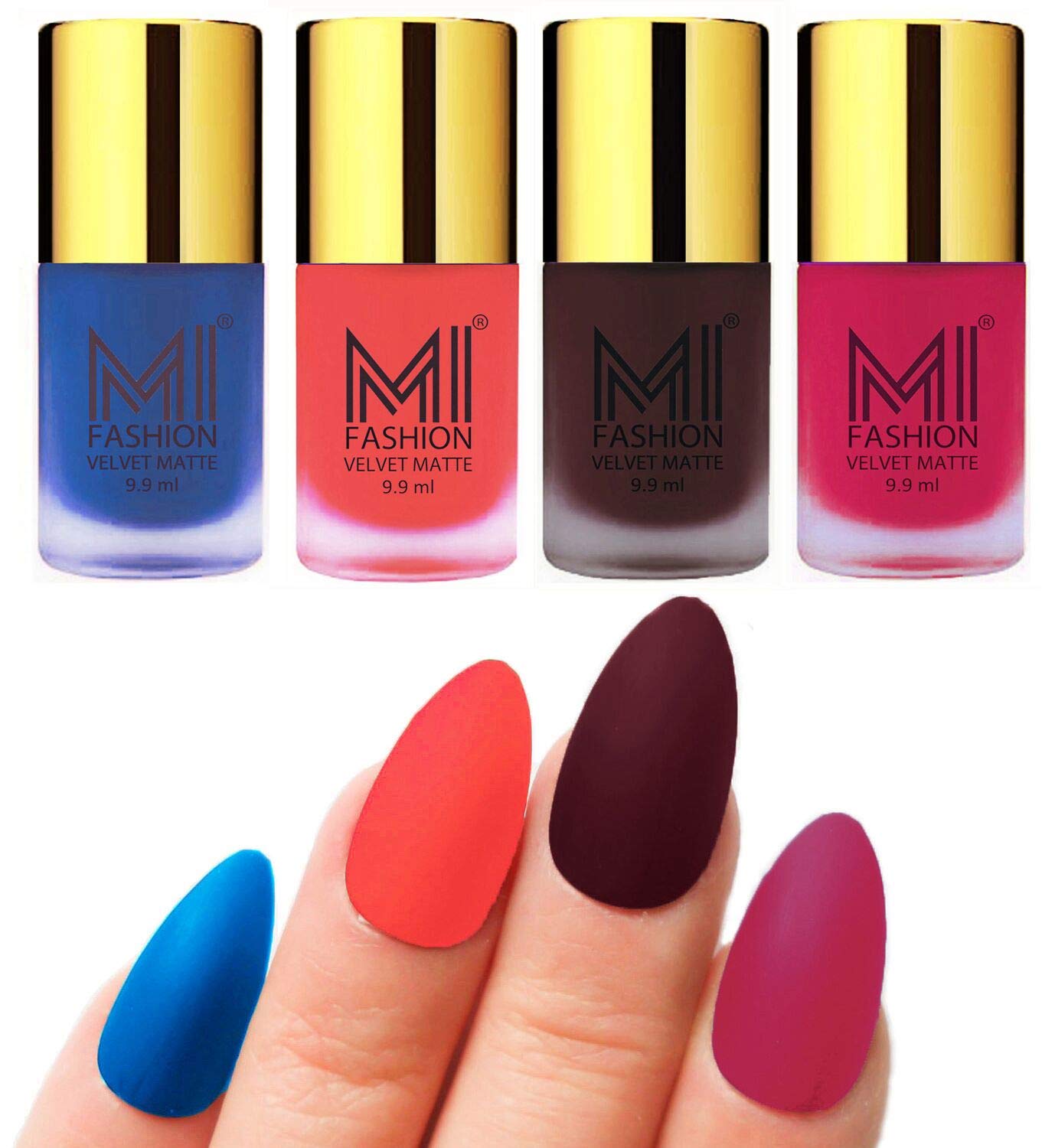 MI FASHION 4-Pack Velvet Matte Nail Polish Set - Navy Blue, Neon Orange, Wine & Pink | 9.9ml Smooth Finish Long Lasting Lacquer | Perfect for Salon, Home Manicure, Parties & Gift Giving