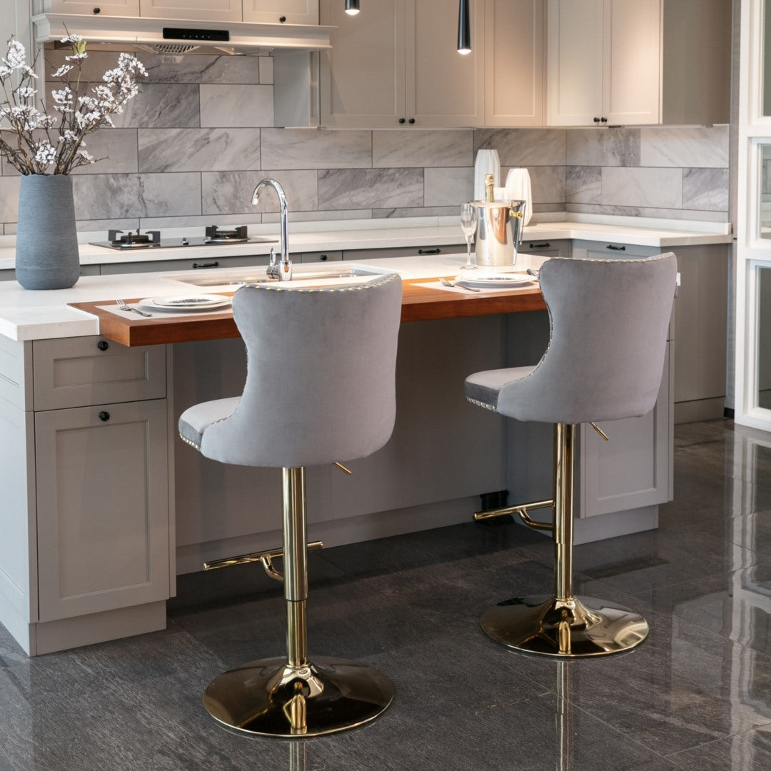 Adjustable Height Swivel Bar Stools with Footrest - Velvet Upholstered, Studded Design & Golden Metal Base (Grey) - Perfect for Kitchen Islands, Home Bars & Modern Dining Areas