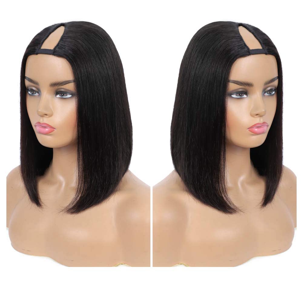 PANEWAY 12 Inch U Part Wig - Brazilian Remy Human Hair Straight Bob Wigs for Black Women | Clip-in Short Bob Human Hair Extensions in Natural Color | Perfect for Daily Wear, Parties & Special Occasions