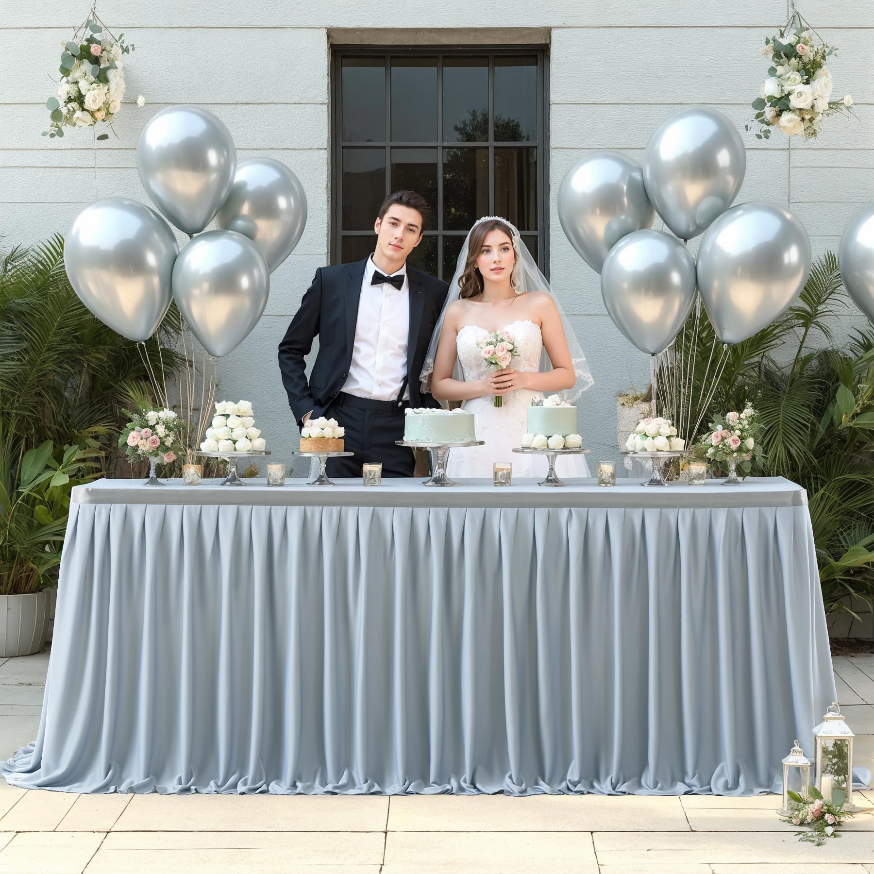 Gray Polyester Table Skirt 14ft - Wrinkle Resistant for Banquet Wedding Baby Shower - Dining Table Decor
