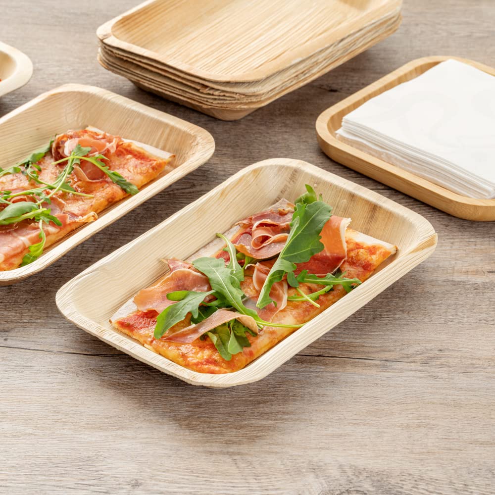 Restaurantware Indo 9.3 x 6.3 Inch Rectangle Palm Leaf Plates - 100 Pack Eco-Friendly, Microwavable & Freezable Areca Palm Leaf Dinner Plates for Hot & Cold Foods | Perfect for Parties, Picnics, Catering & Sustainable Dining
