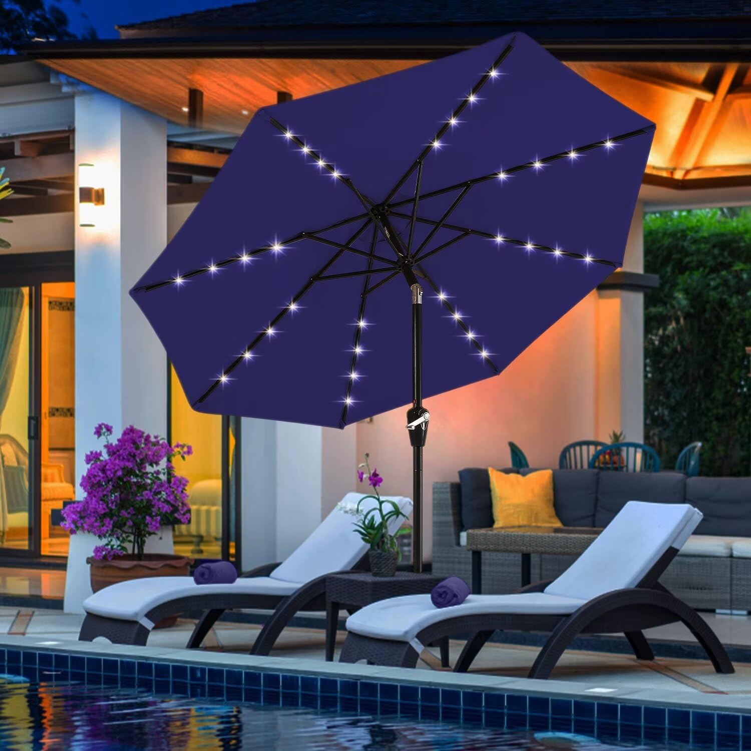 Durable 7.5FT Solar LED Patio Umbrella with 32 Lights - Royal Blue | Waterproof Outdoor Canopy for Garden, Poolside & Backyard Relaxation