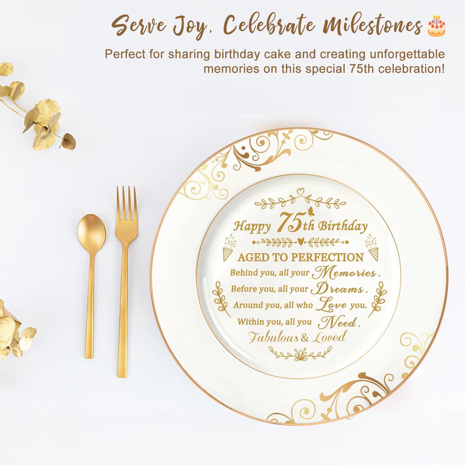 75th Birthday Gifts for Women & Men - Elegant 9 Inch Commemorative Plate with 24K Gold Foil Decorations | Perfect Retirement Gift for Parents, Wife, Husband | Great for Milestone Celebrations & Home Decor