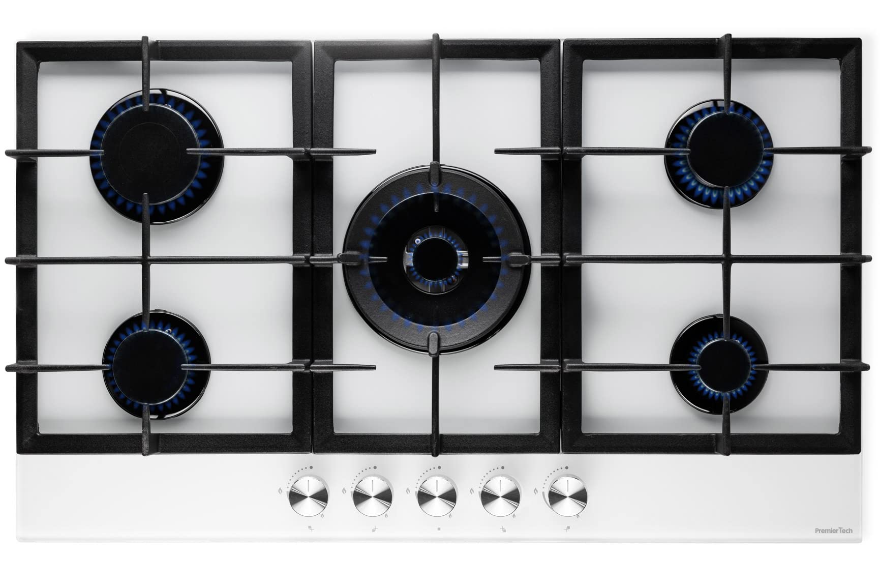 PremierTech 36 Inch 5 Burner Gas Cooktop with Cast Iron Grates - Professional Wok Compatible, White Glass Surface for Modern Kitchens
