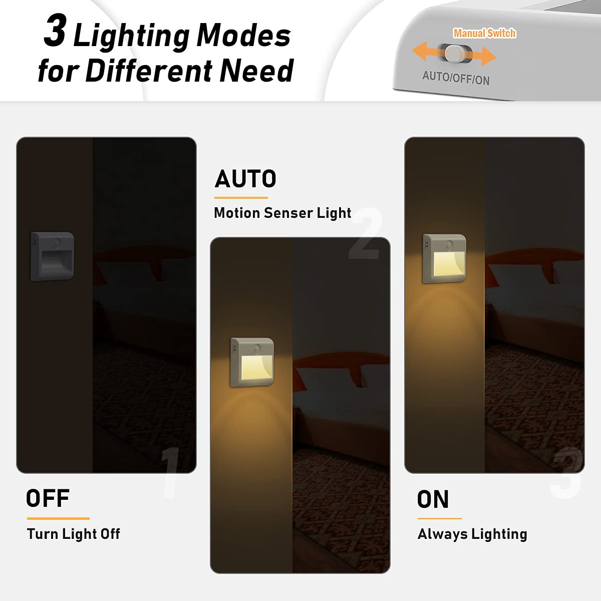 2 Pack Motion Sensor Night Lights - Battery Powered Stick-On LED Closet Lights for Hallway, Stairs, Bathroom & Kitchen (Auto/On/Off) - Perfect for Bedrooms, Cabinets & Dark Spaces