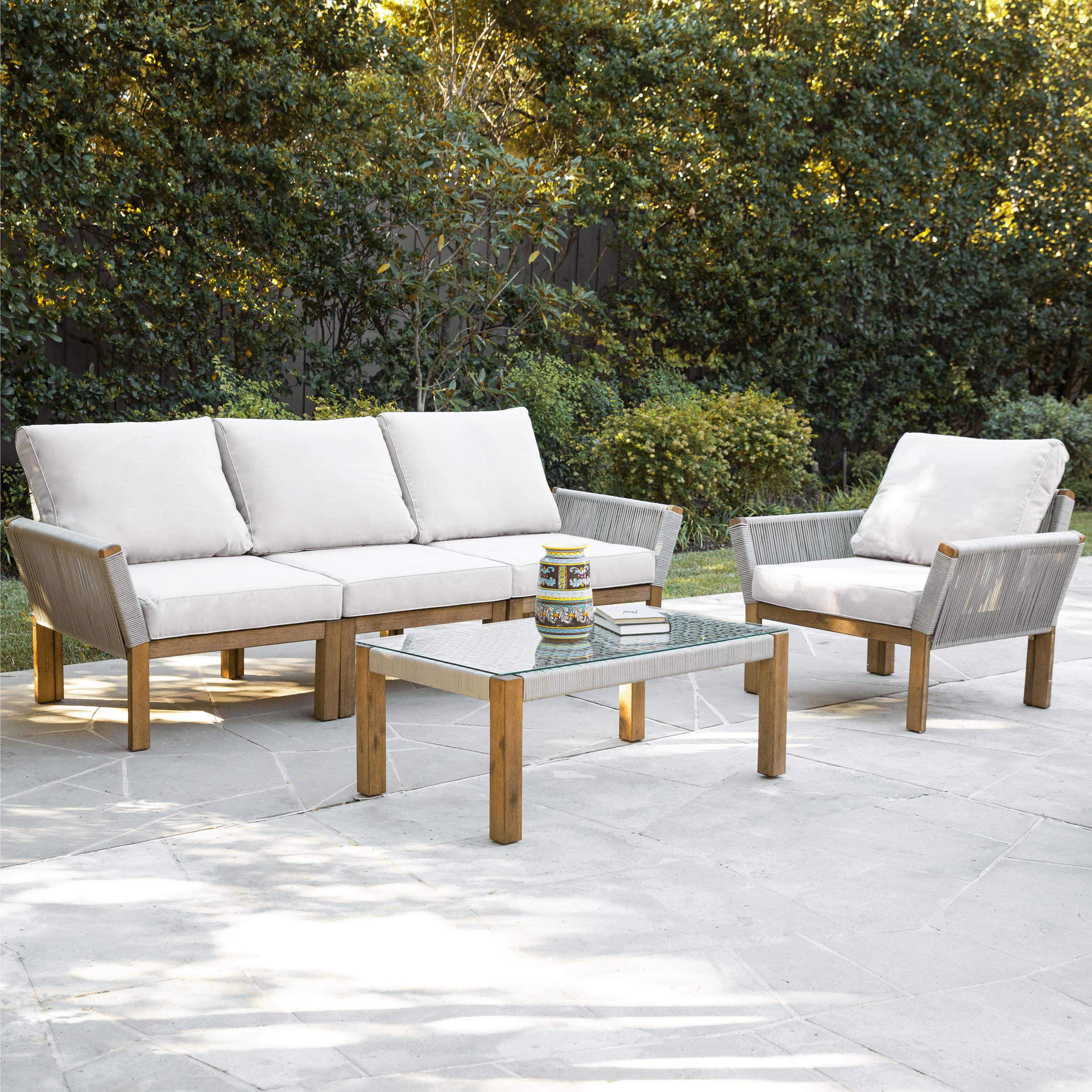 SEI Furniture Brendina Outdoor Glass-Top Cocktail Table - Natural Rattan Coffee Table for Patio, Poolside & Garden Decor - Weather-Resistant Side Table for Outdoor Living Spaces